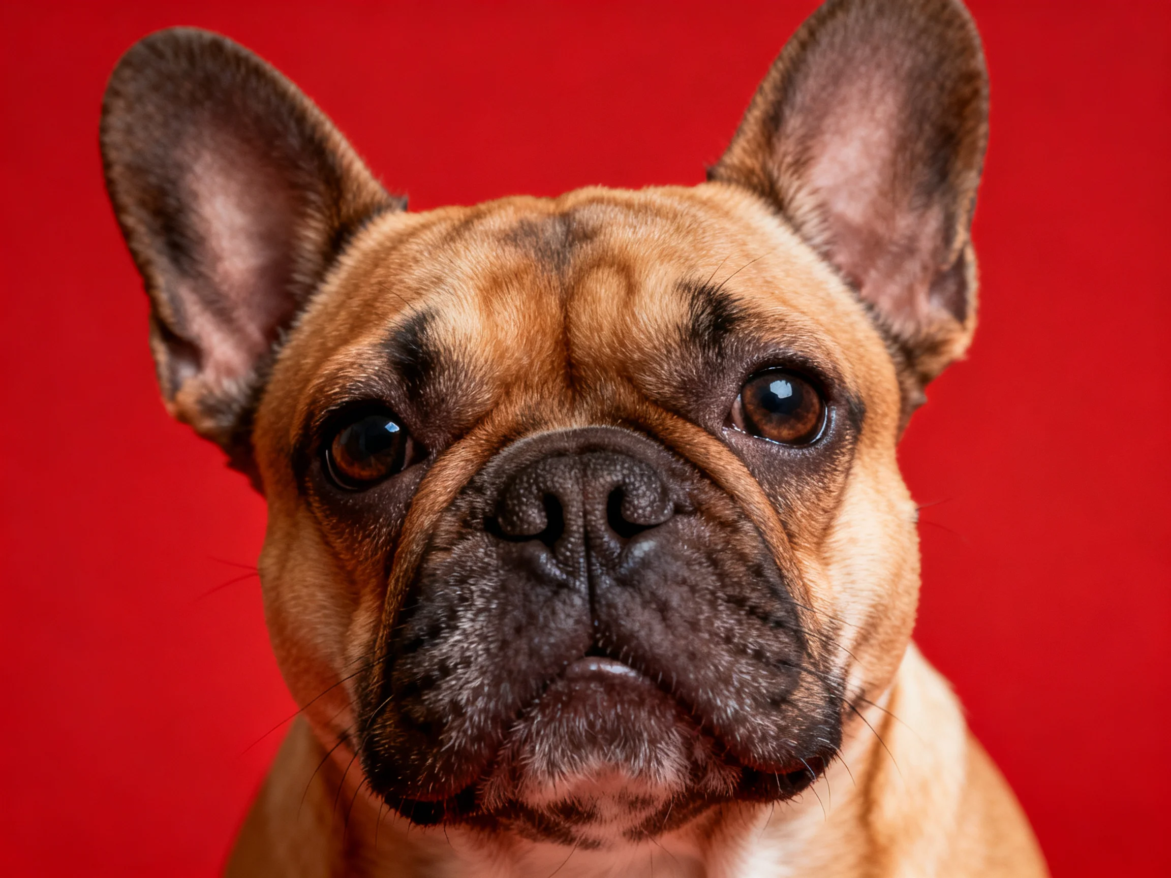 . Close - up portrait of a tan French bulldog with upright ears