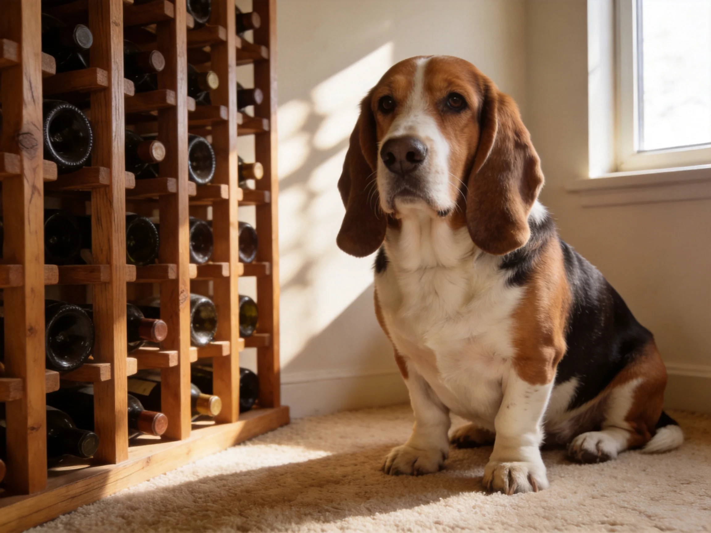 A Basset Hound Sits by a Wooden Wine Rack Near a Sunlit Window