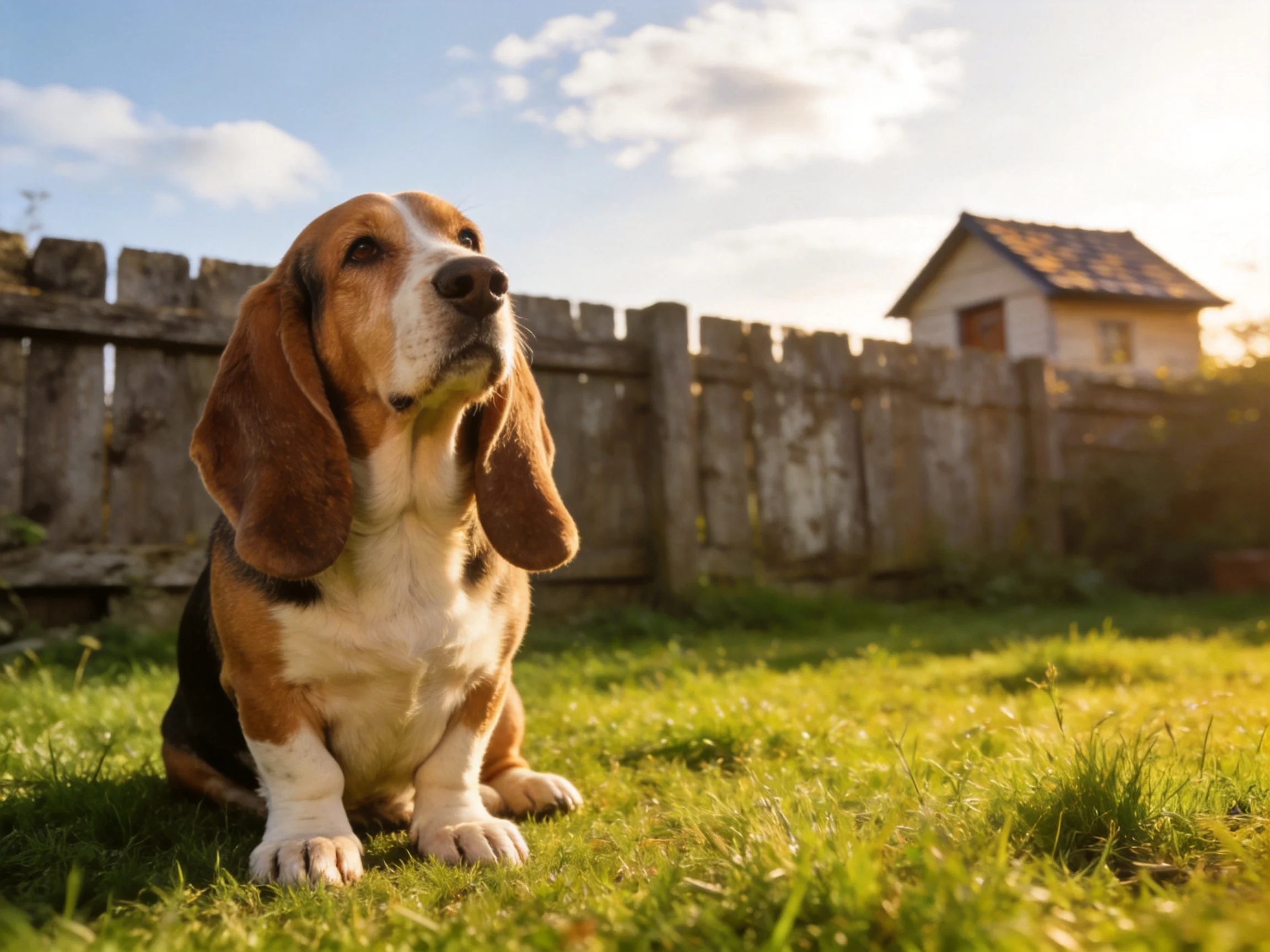 A Basset Hound on Sunlit Grass Near an Old Fence