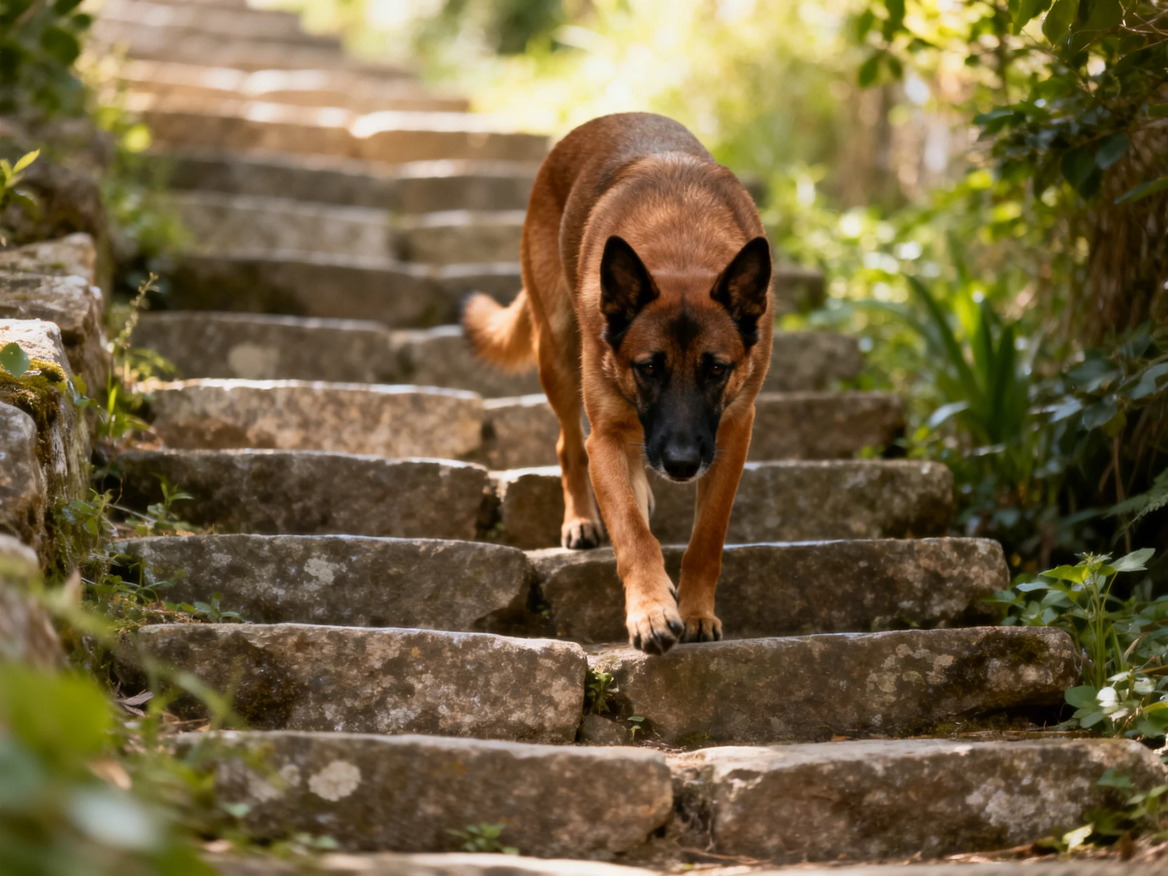A Belgian Malinois walking down weathered stone steps amid verdant foliage