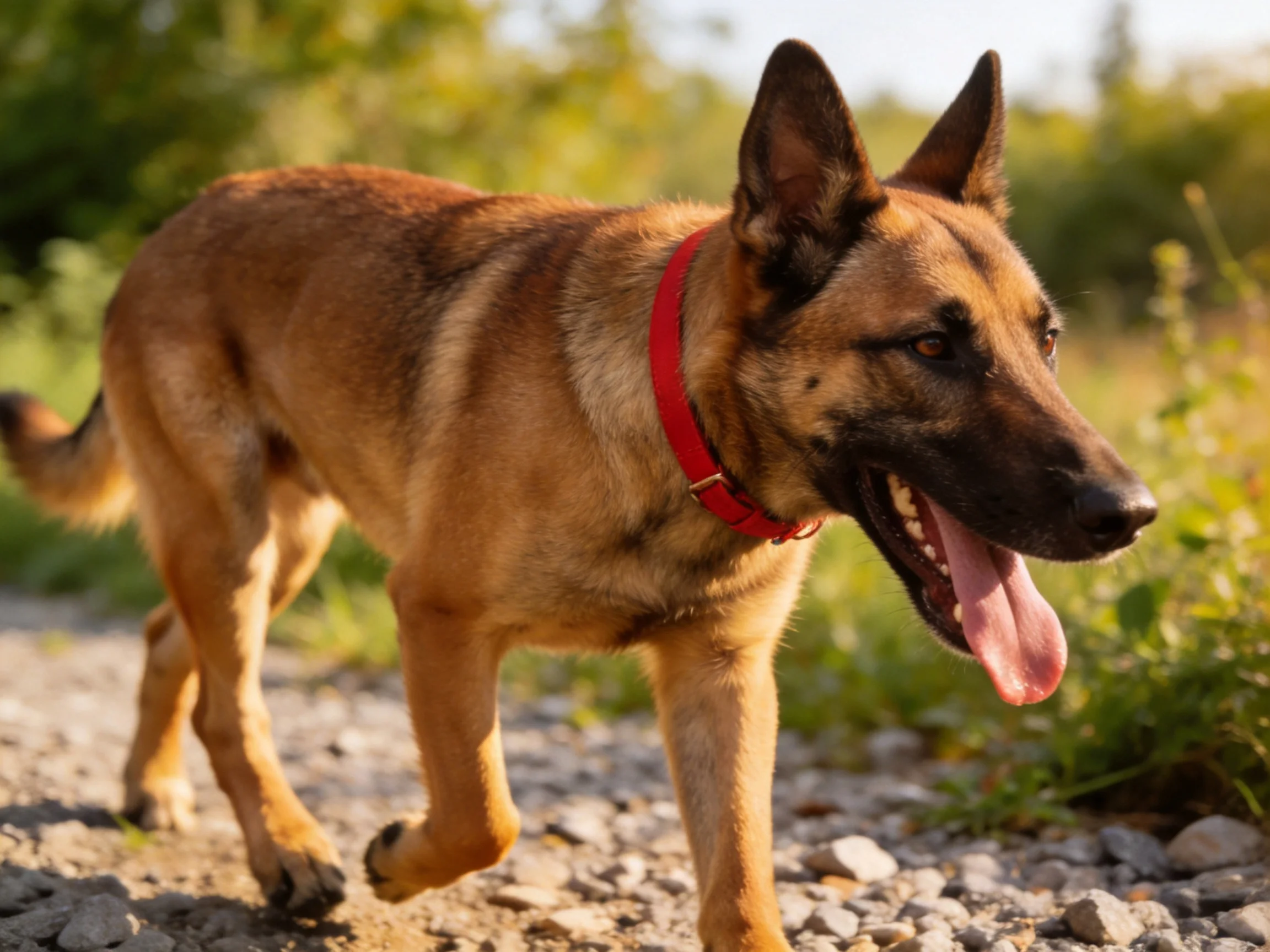 A Belgian Malinois with a red collar walks on a gravel path