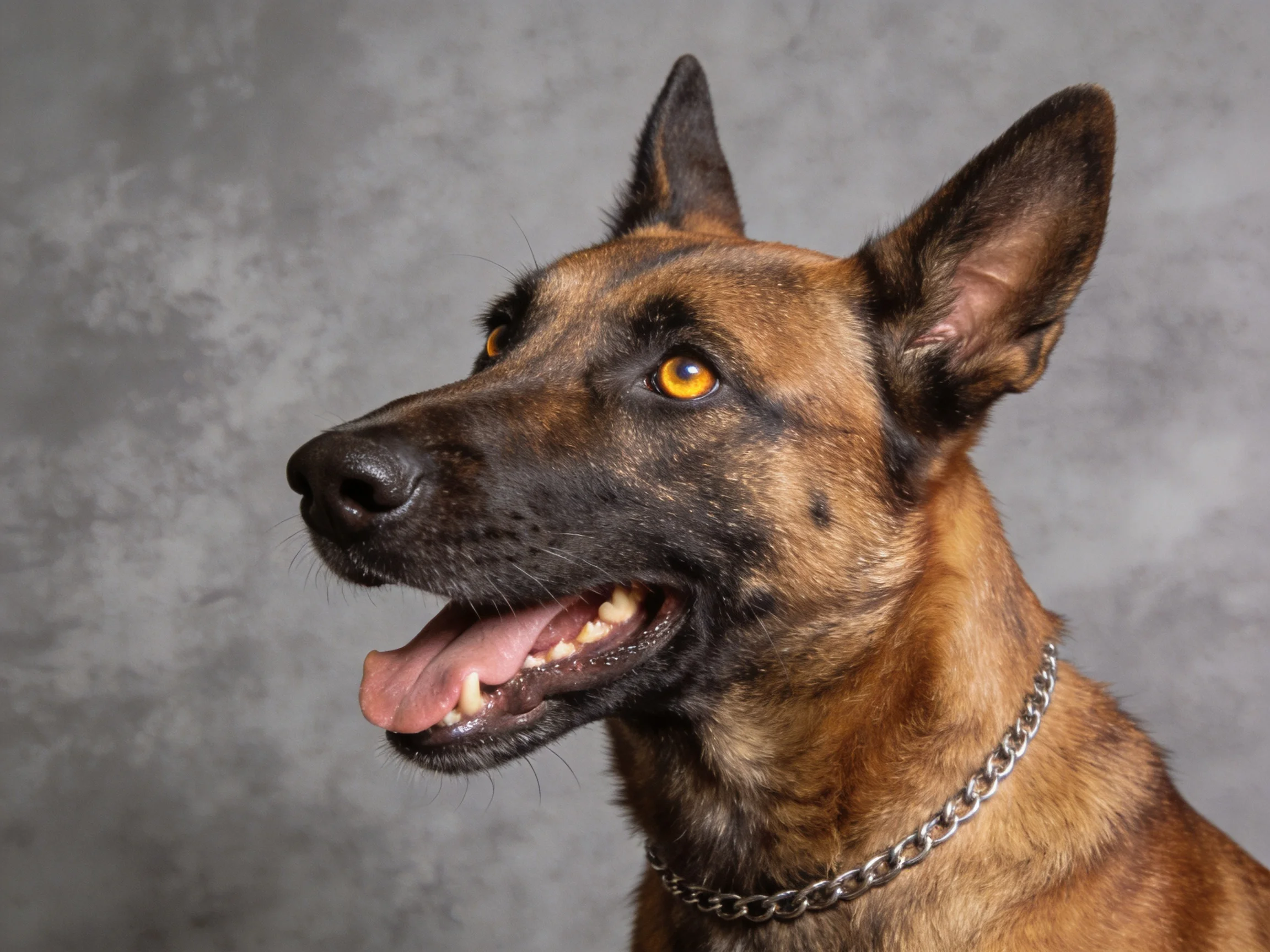 A Belgian Malinois with brown and black fur wearing a silver chain collar