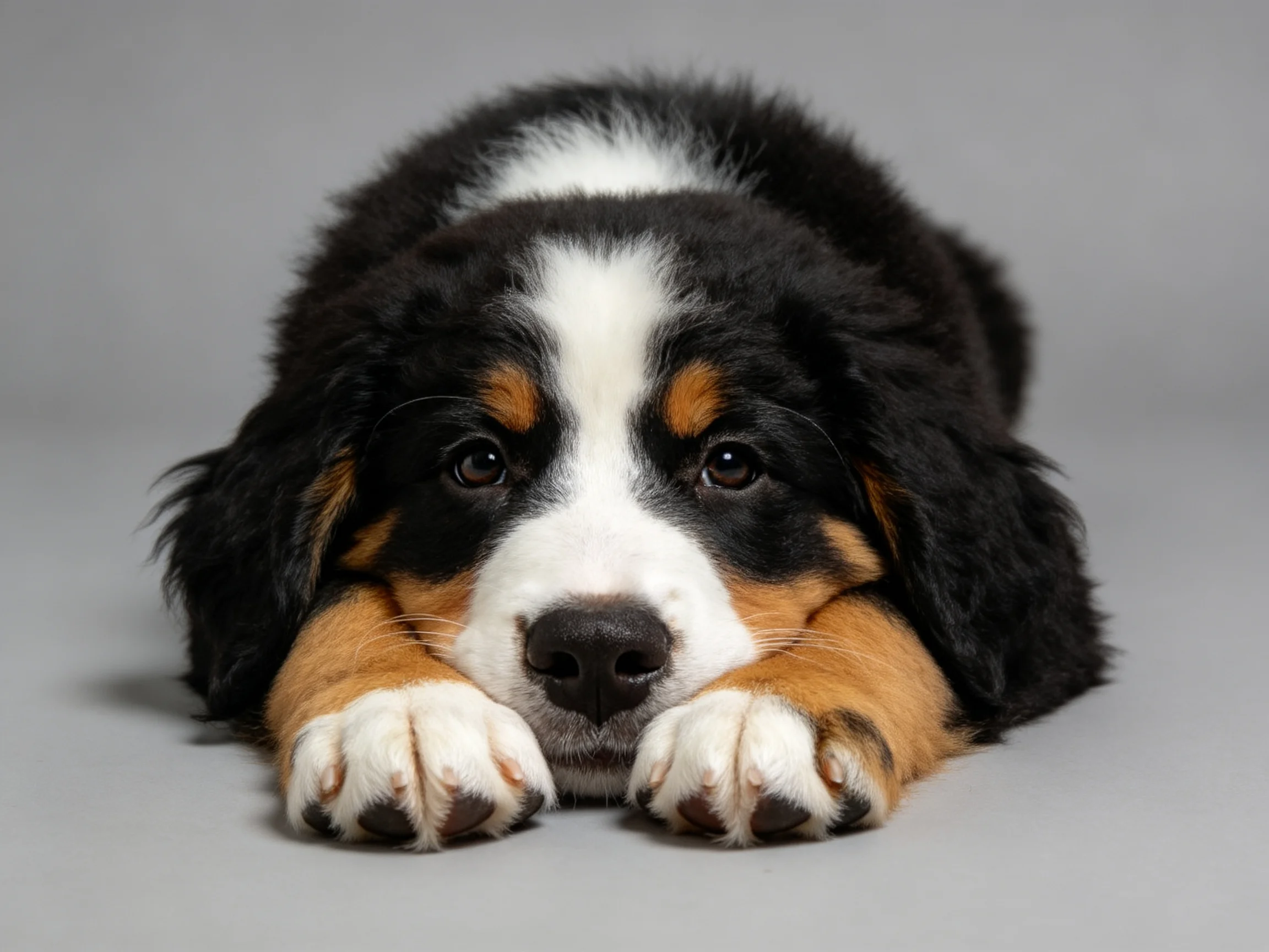 A Bernese Mountain Dog Puppy Resting with Black, White, and Tan Fur