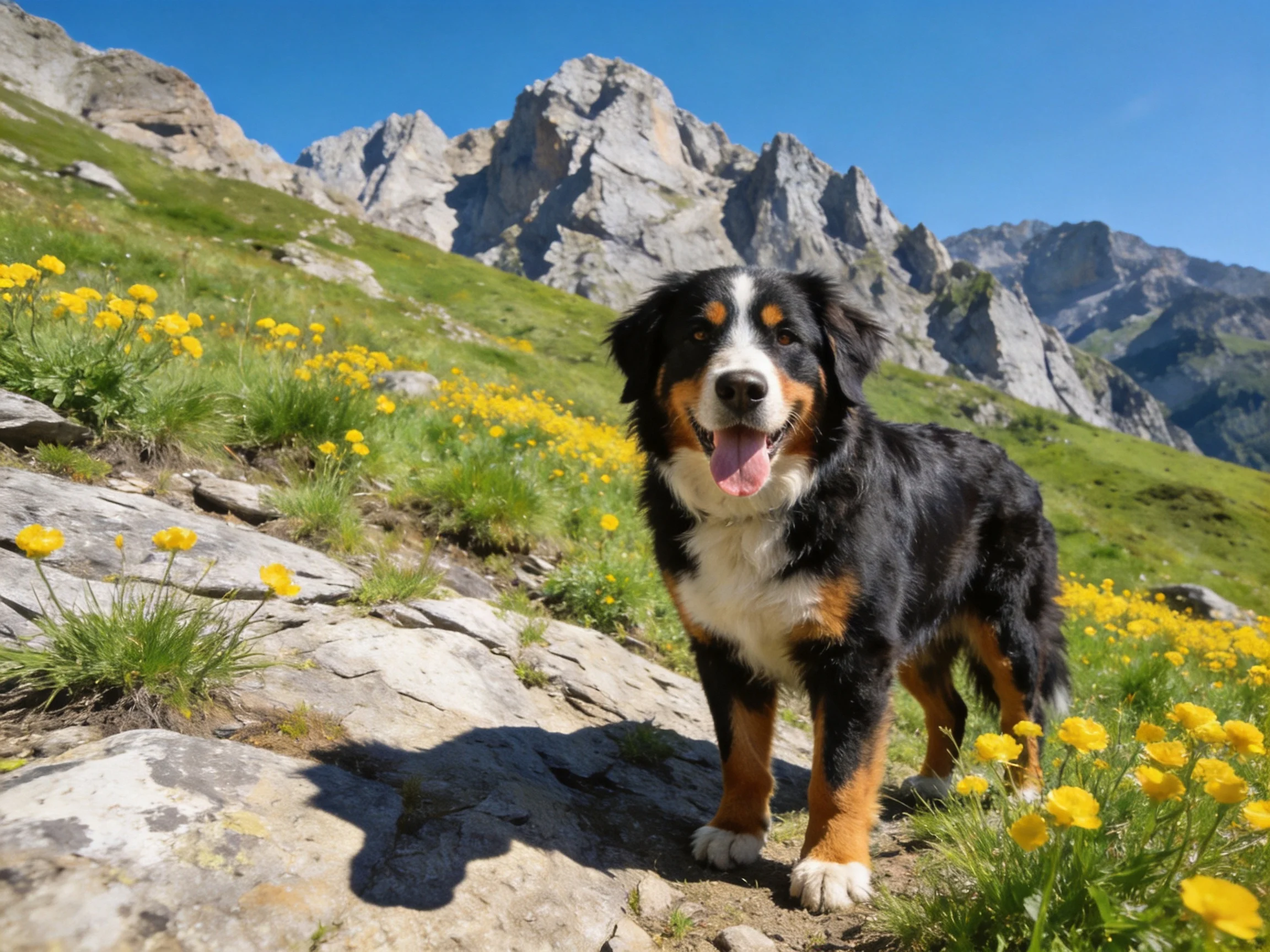 A Bernese Mountain Dog stands among yellow wildflowers on a rocky mountain slope.