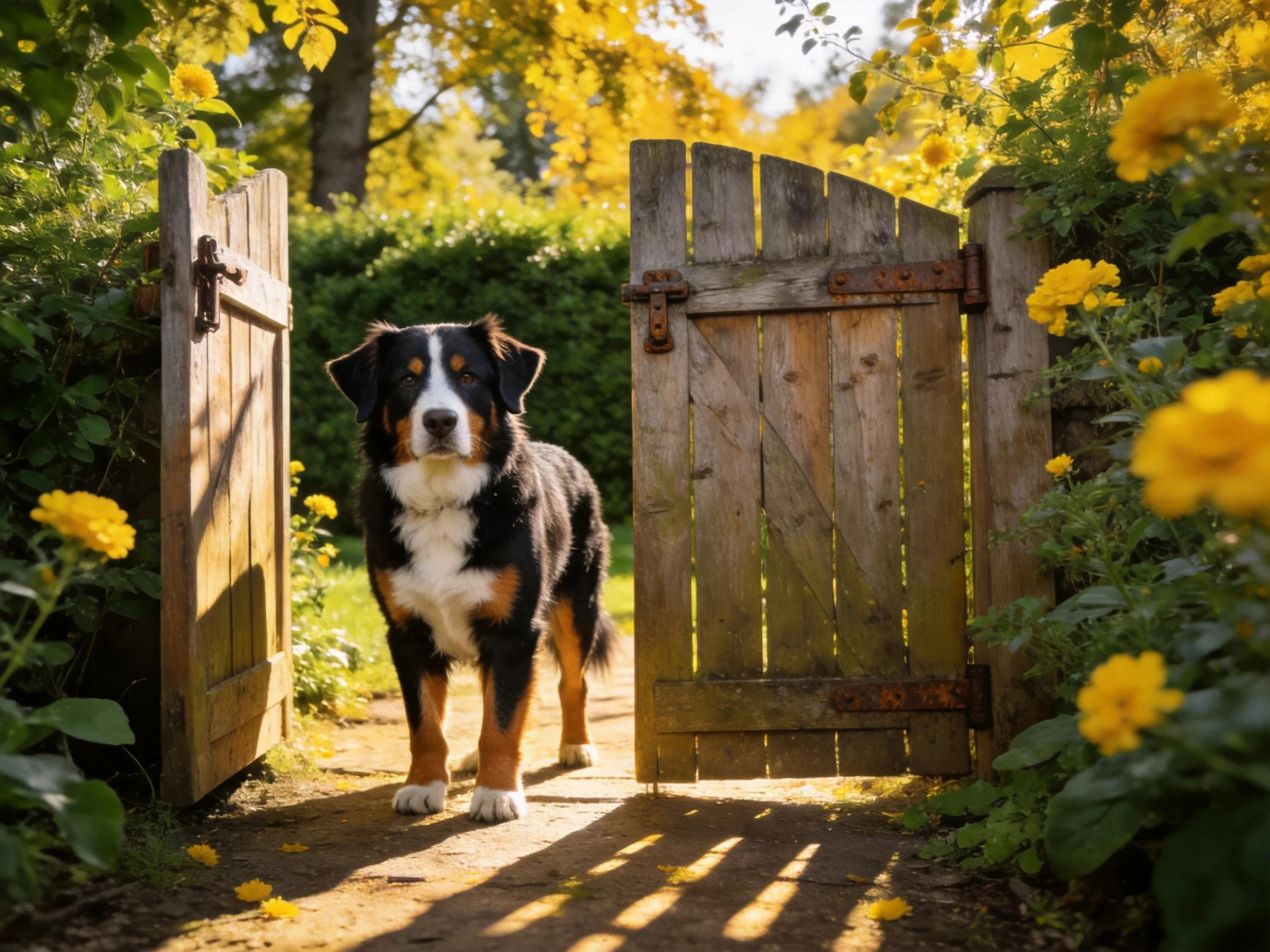 A Bernese Mountain Dog stands at an open wooden gate in a flower-filled garden.