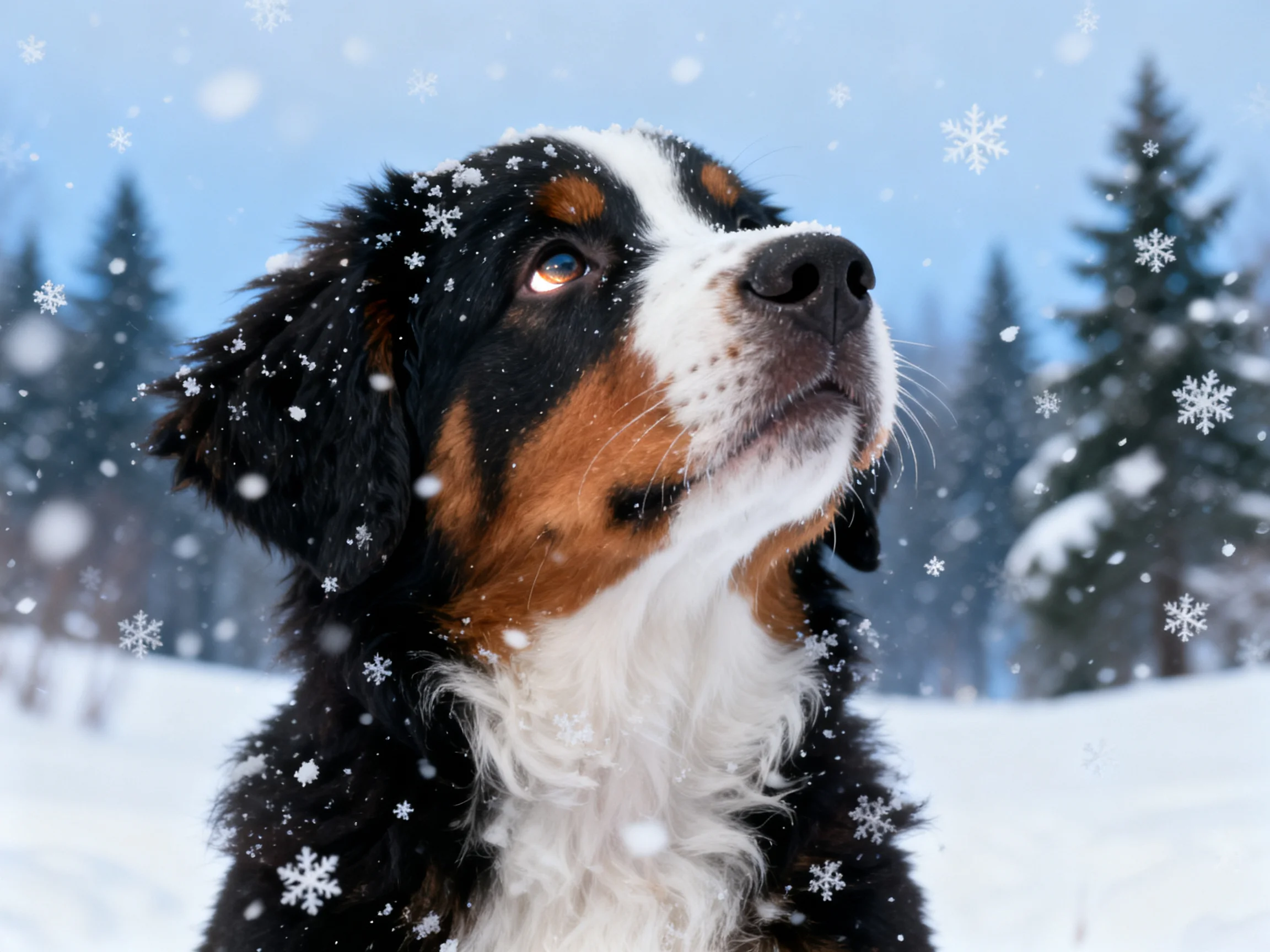 A Bernese Mountain Dog gazes upward amid falling snowflakes in a wintry forest