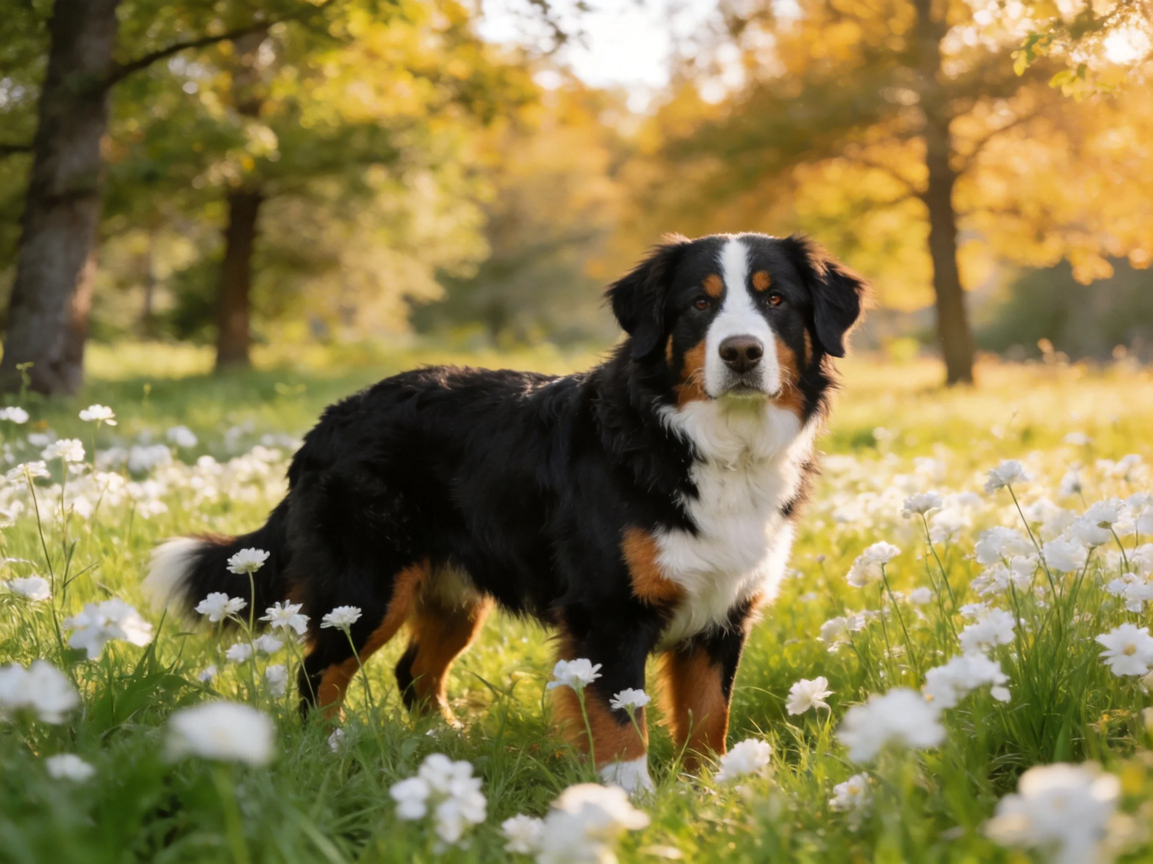 A Bernese Mountain Dog stands in a sunlit meadow with white wildflowers.