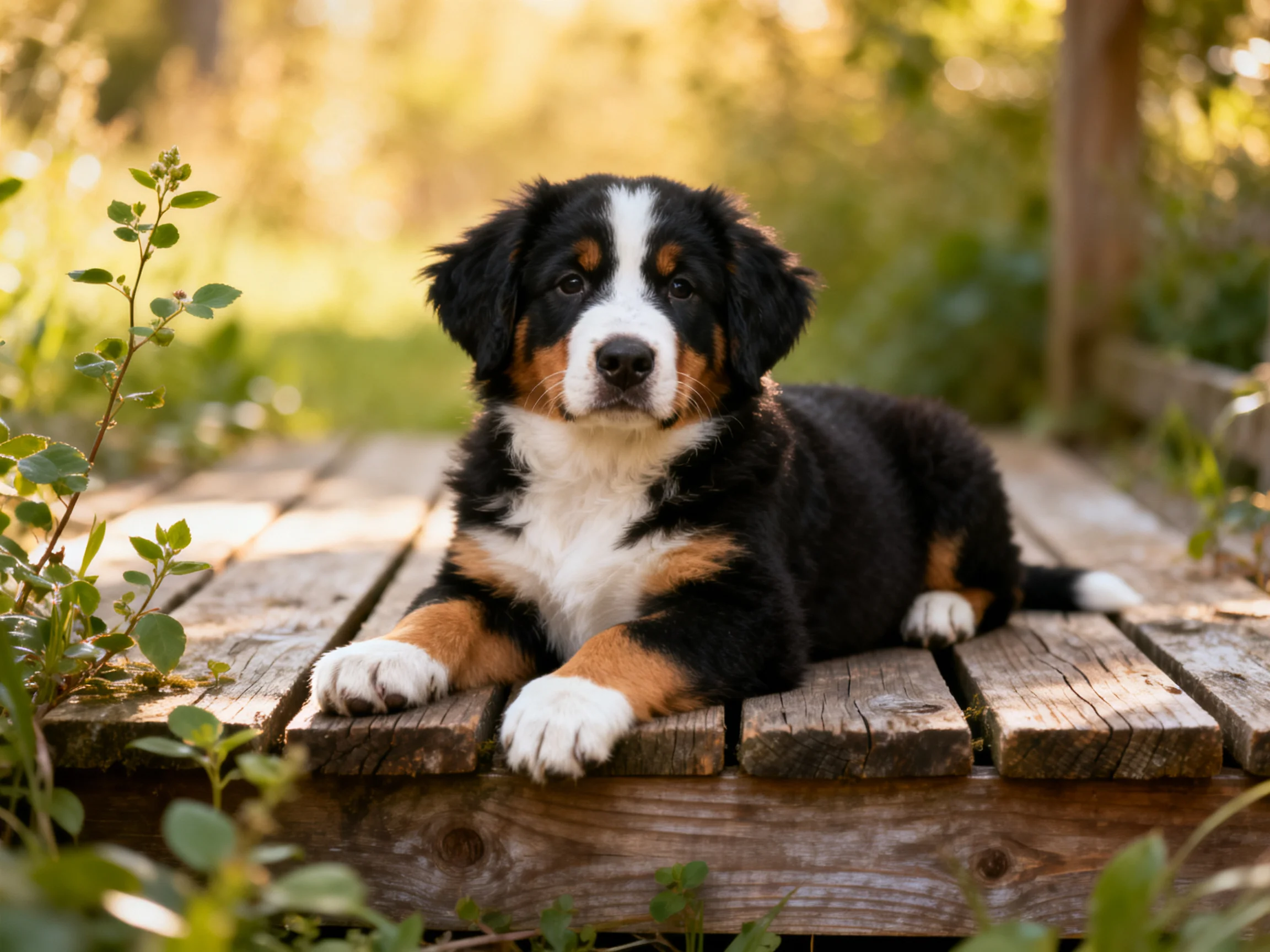 A Bernese Mountain Dog puppy resting on weathered wooden planks
