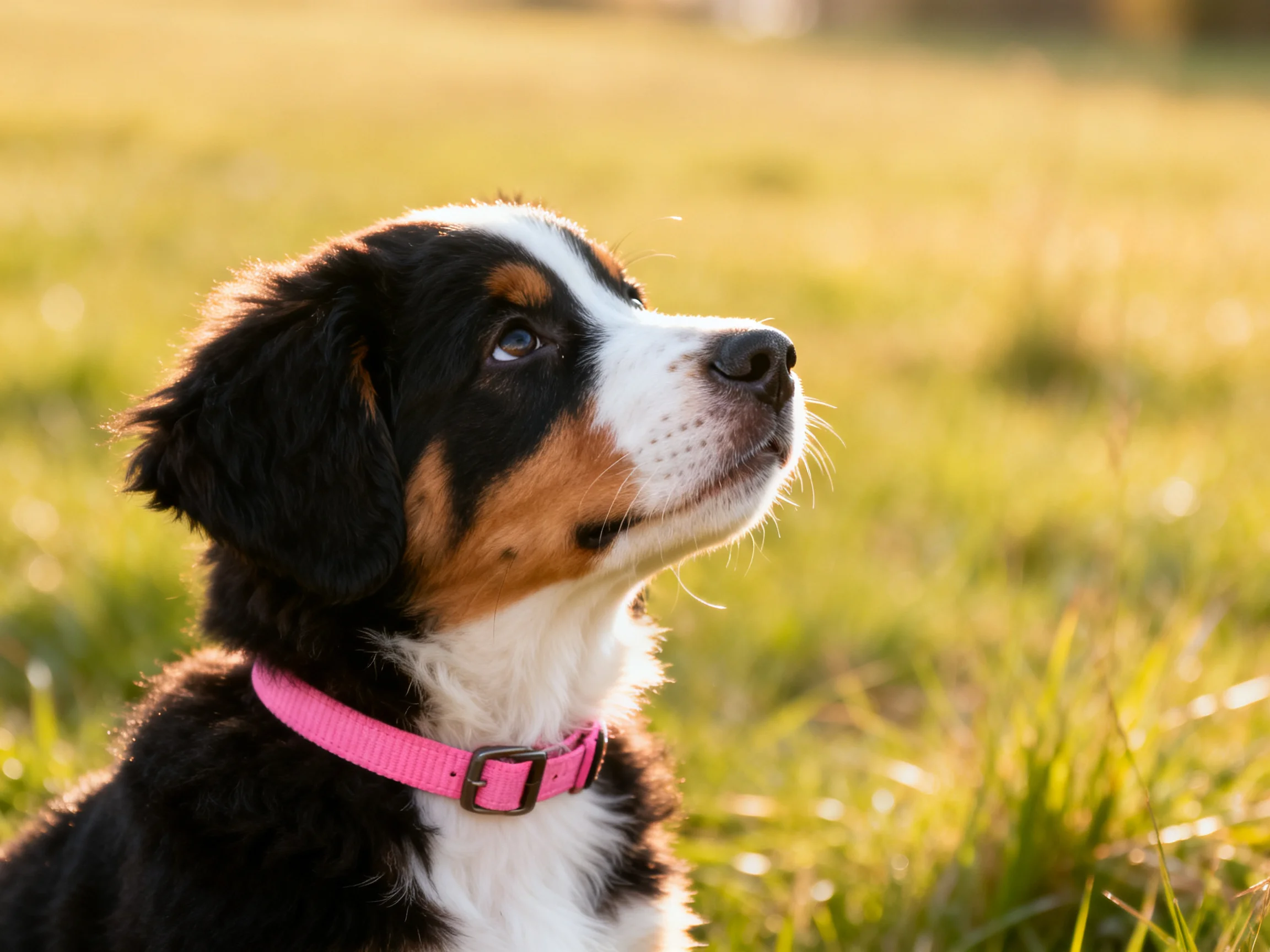 A Bernese Mountain Dog puppy with a bright pink collar in sunlit grass