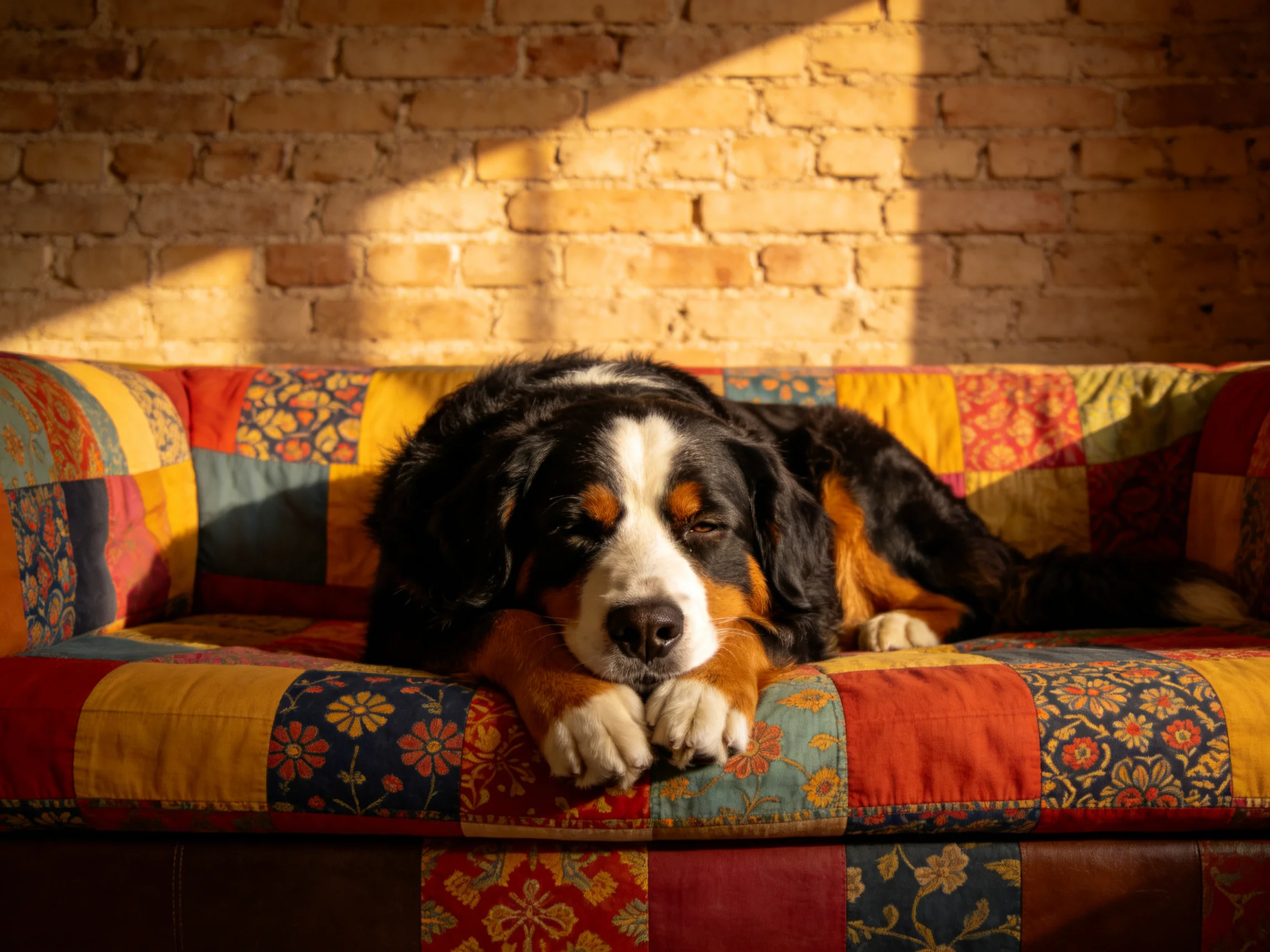 A Bernese Mountain Dog relaxes on a colorful patchwork couch near a sunlit brick wall