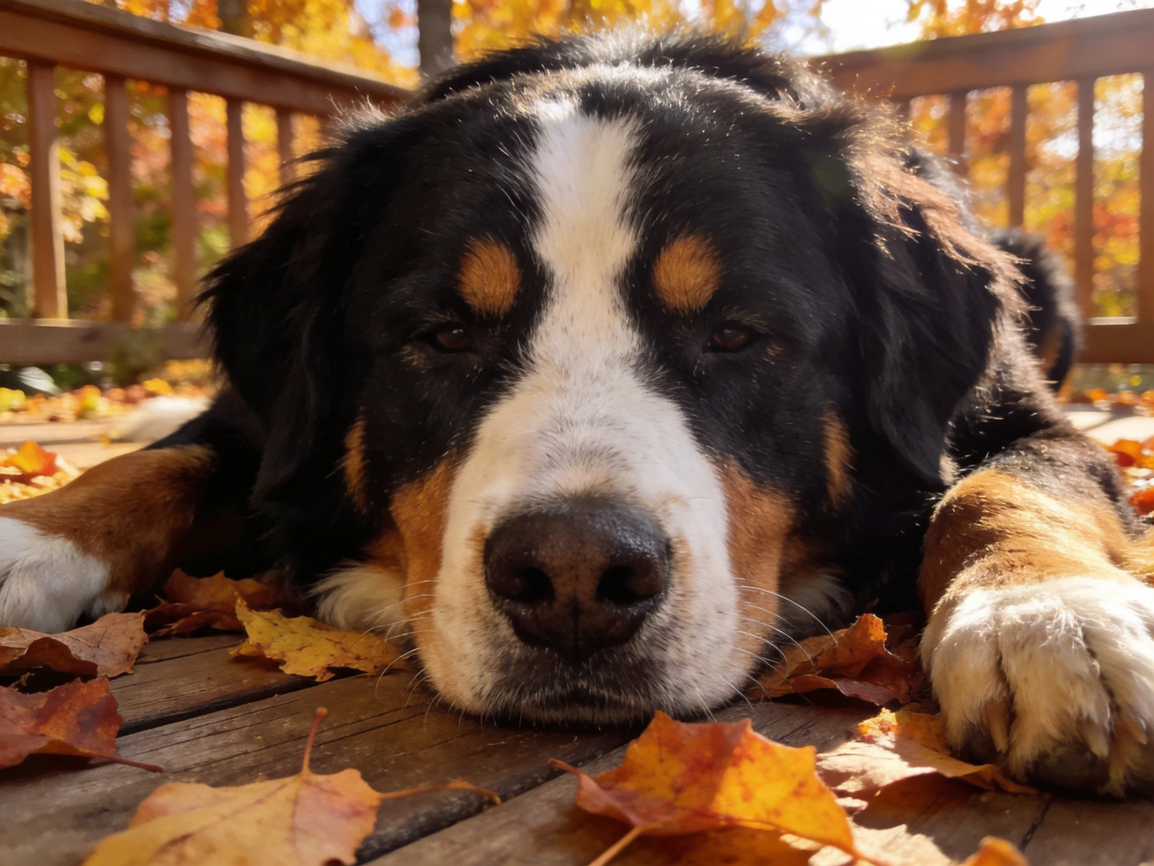 A Bernese Mountain Dog rests amid vibrant fall leaves on a wooden deck