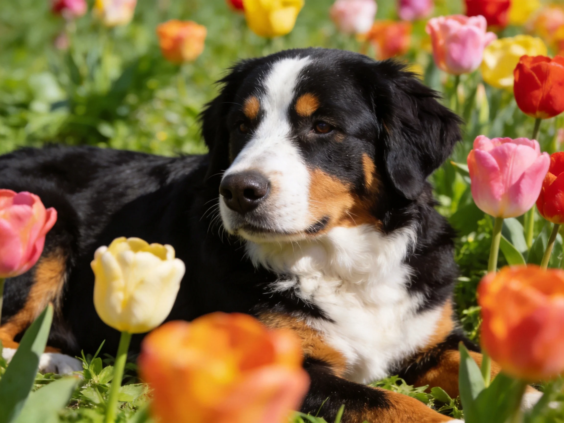 A Bernese Mountain Dog rests among colorful tulip blooms