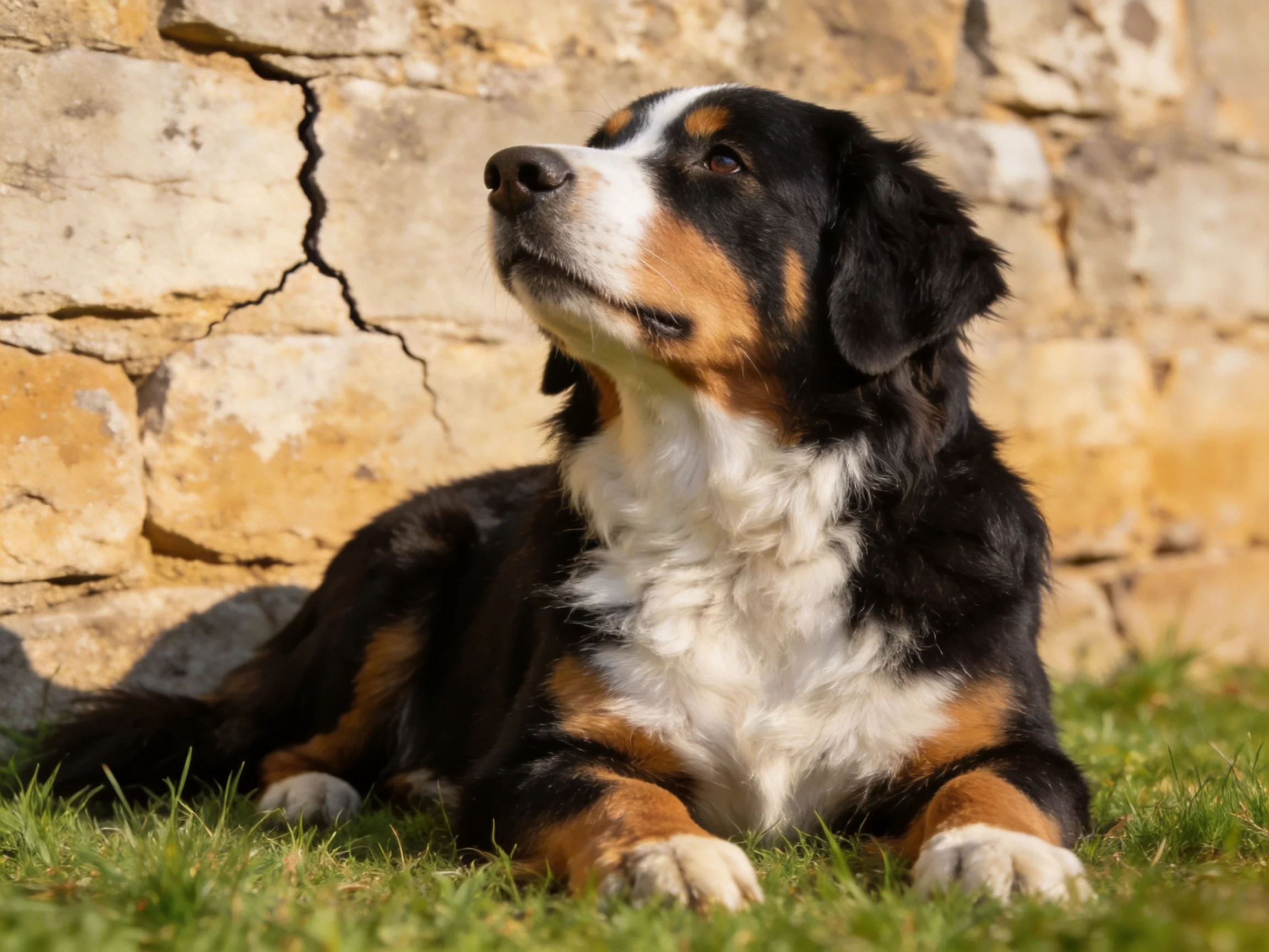 A Bernese Mountain Dog relaxes beside a weathered stone wall outdoors.