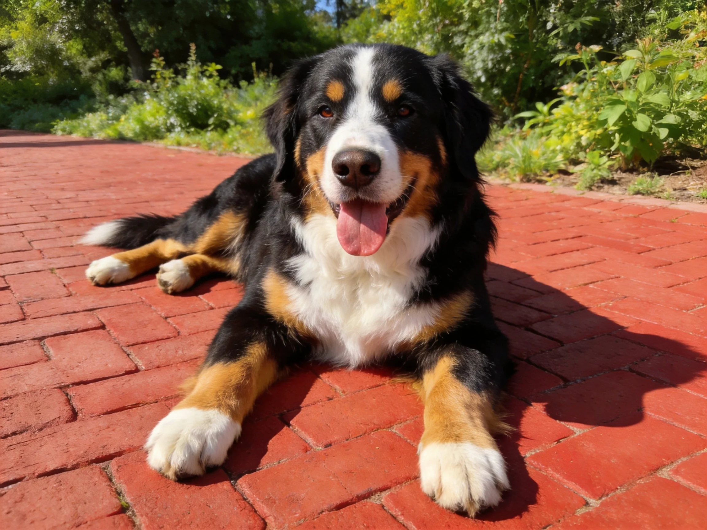 A Bernese Mountain Dog rests on a red brick path near lush greenery