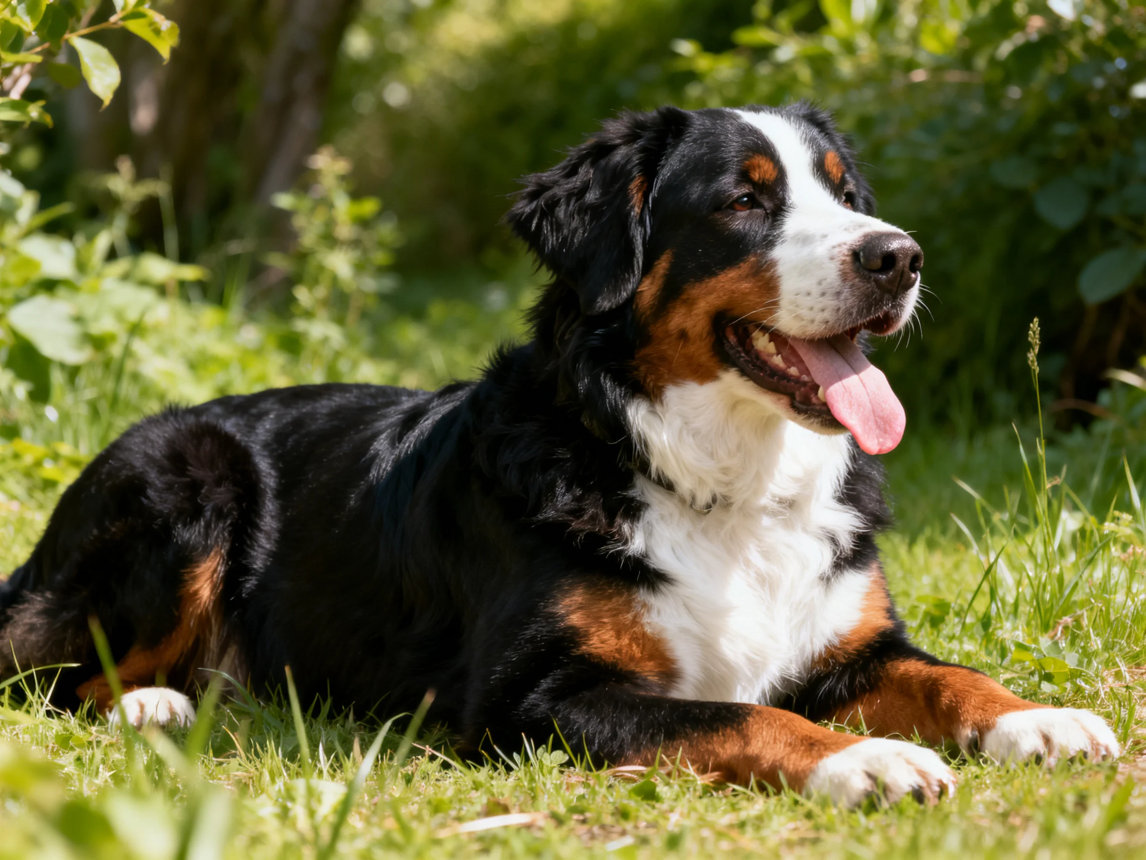 A Bernese Mountain Dog rests on lush green grass in bright sunlight