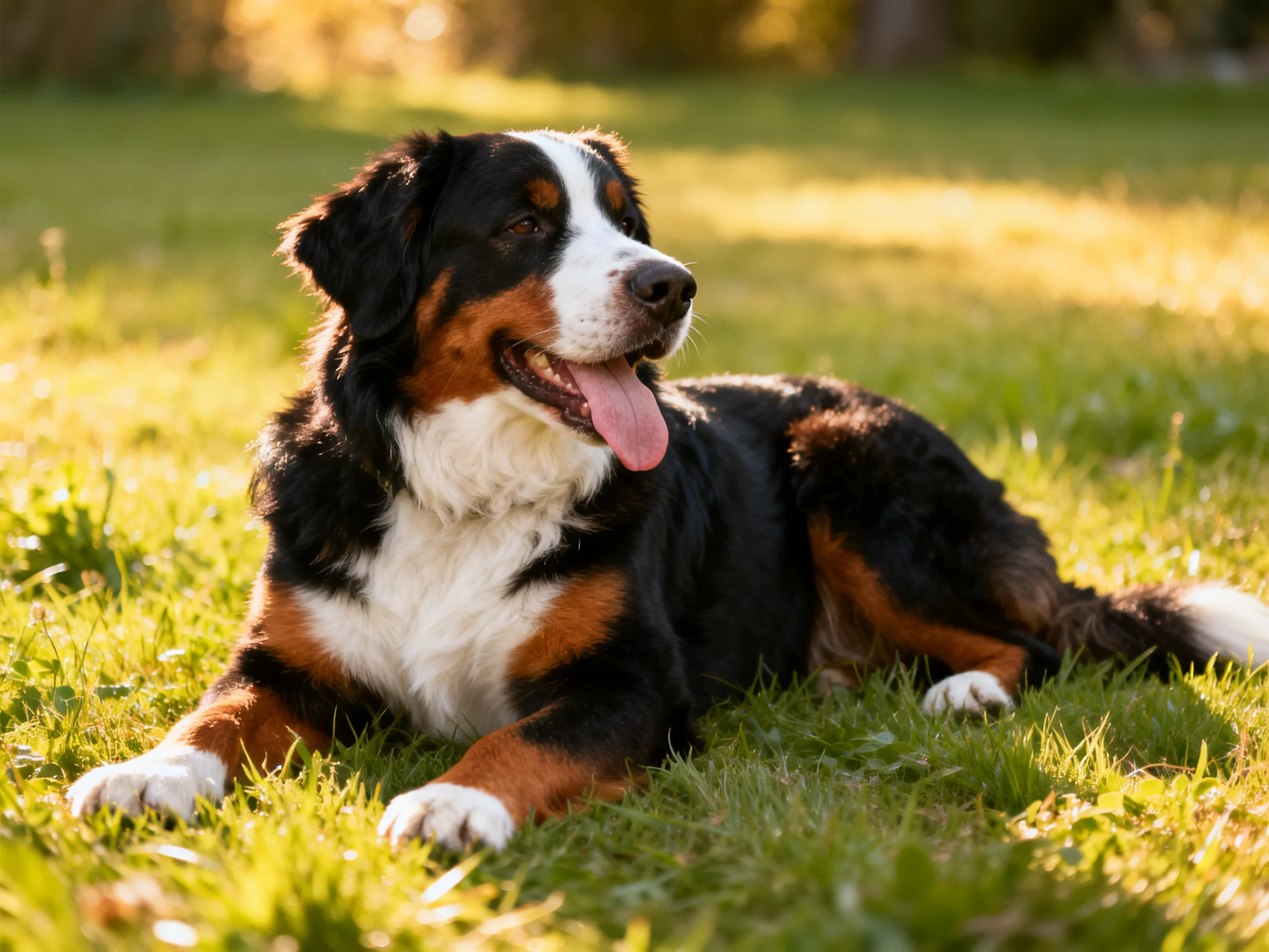 A Bernese Mountain Dog rests on sunlit green grass