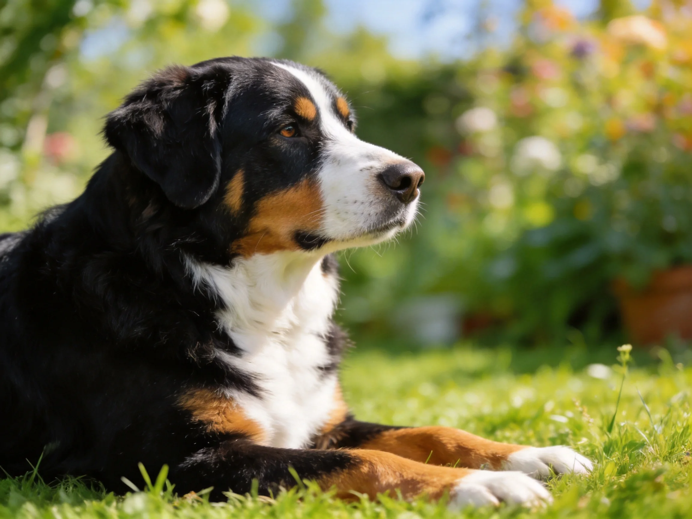 A Bernese Mountain Dog relaxes on grass in a sunlit garden.