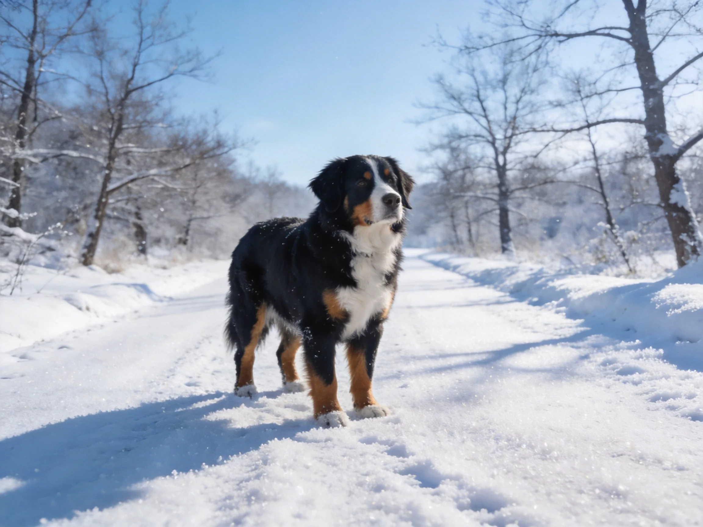 A Bernese Mountain Dog stands on a snow -