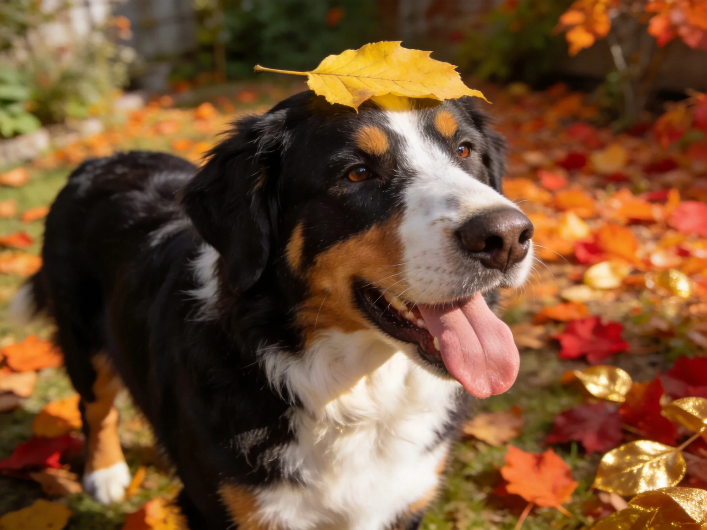 A Bernese Mountain Dog with a yellow leaf on its head amid colorful fall leaves