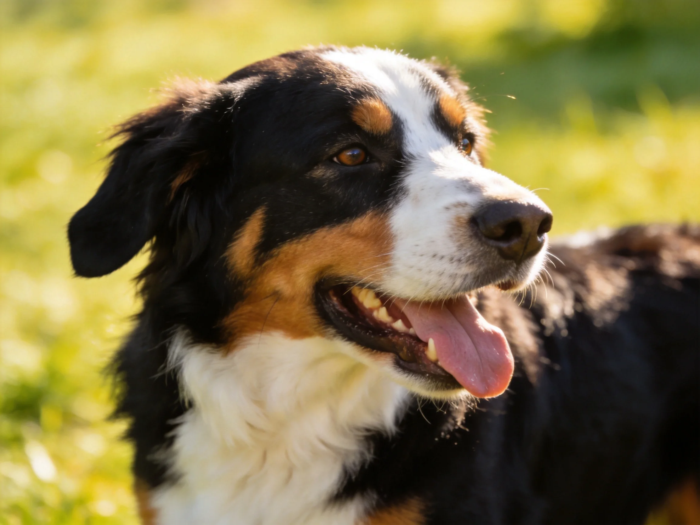 A Bernese Mountain Dog with black, white, and tan fur in a sunlit meadow