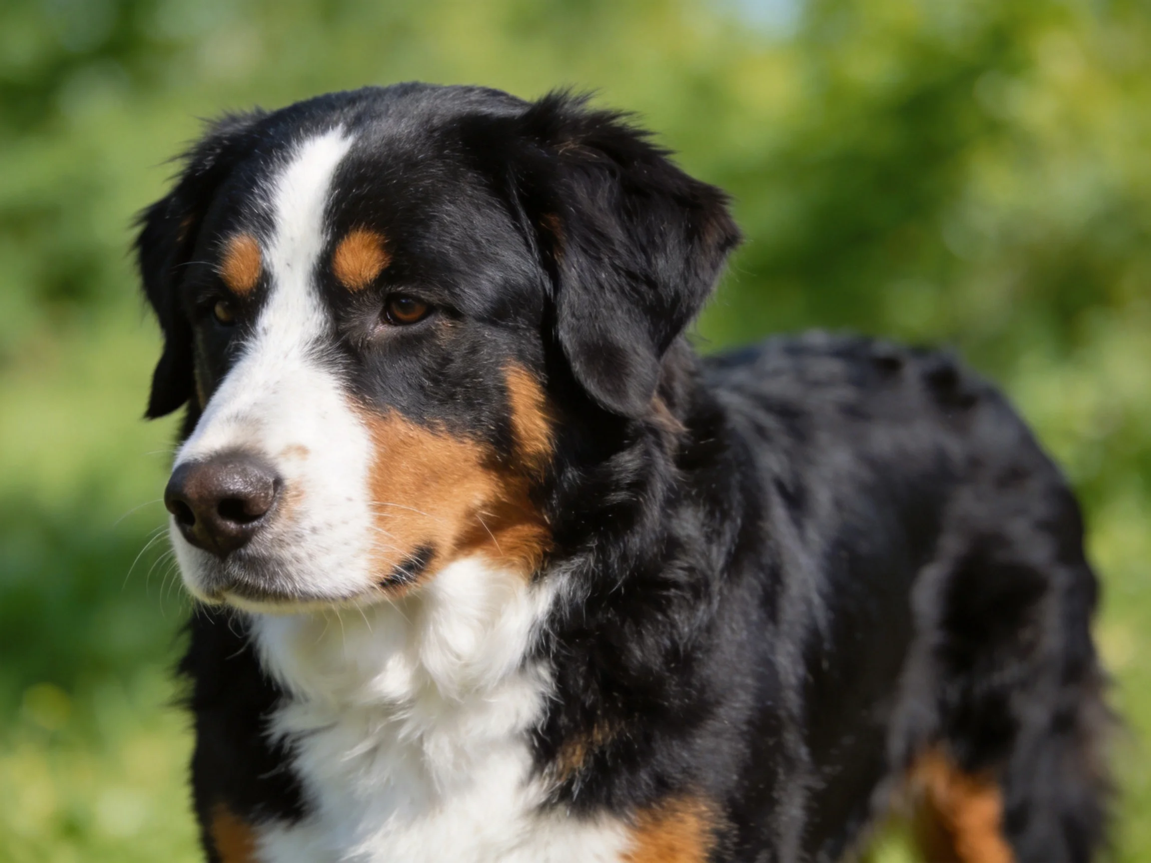 A tri-colored Bernese Mountain Dog stands in an outdoor setting