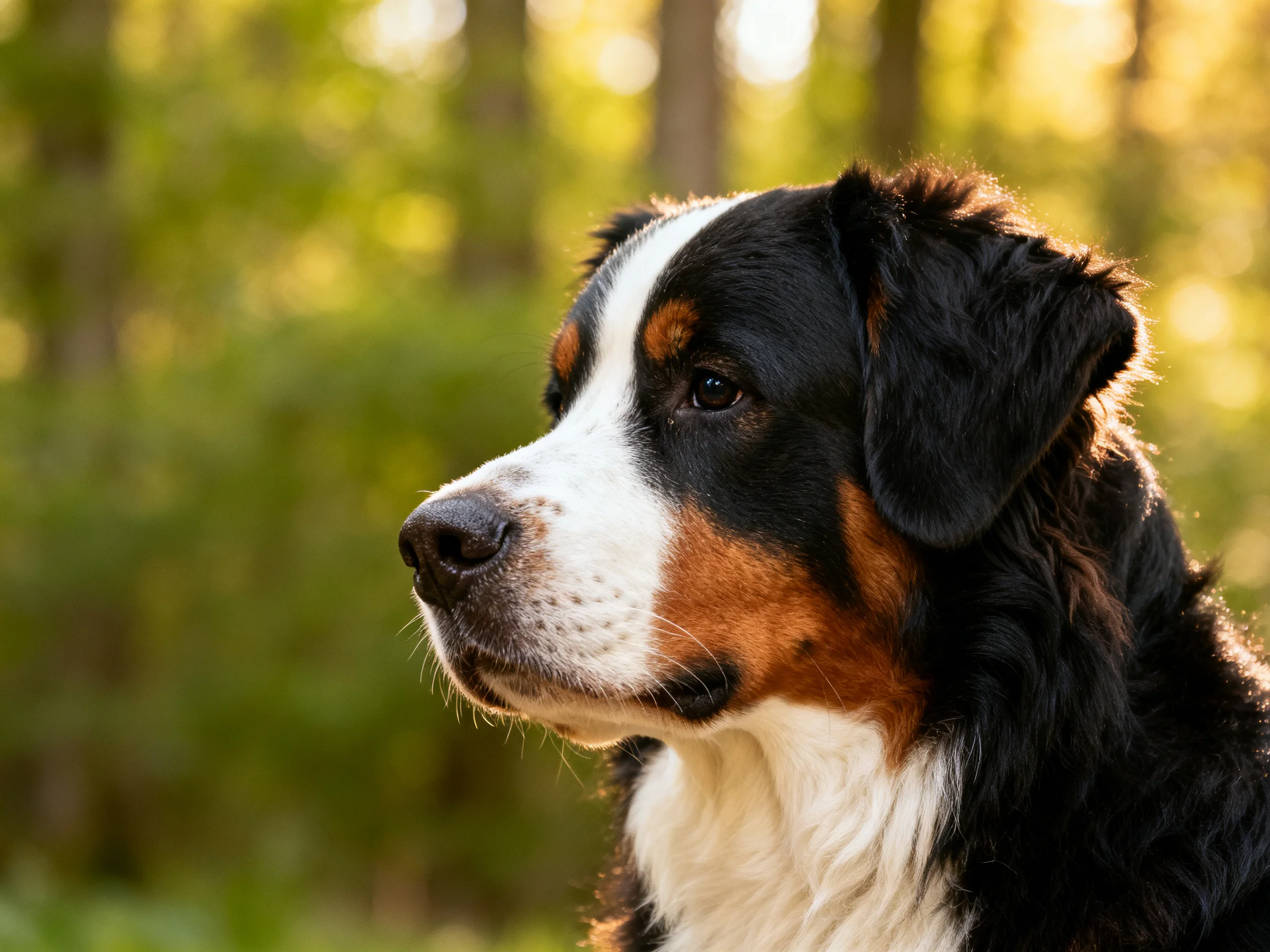 A Bernese Mountain Dog with tri-colored fur in a sunlit forest
