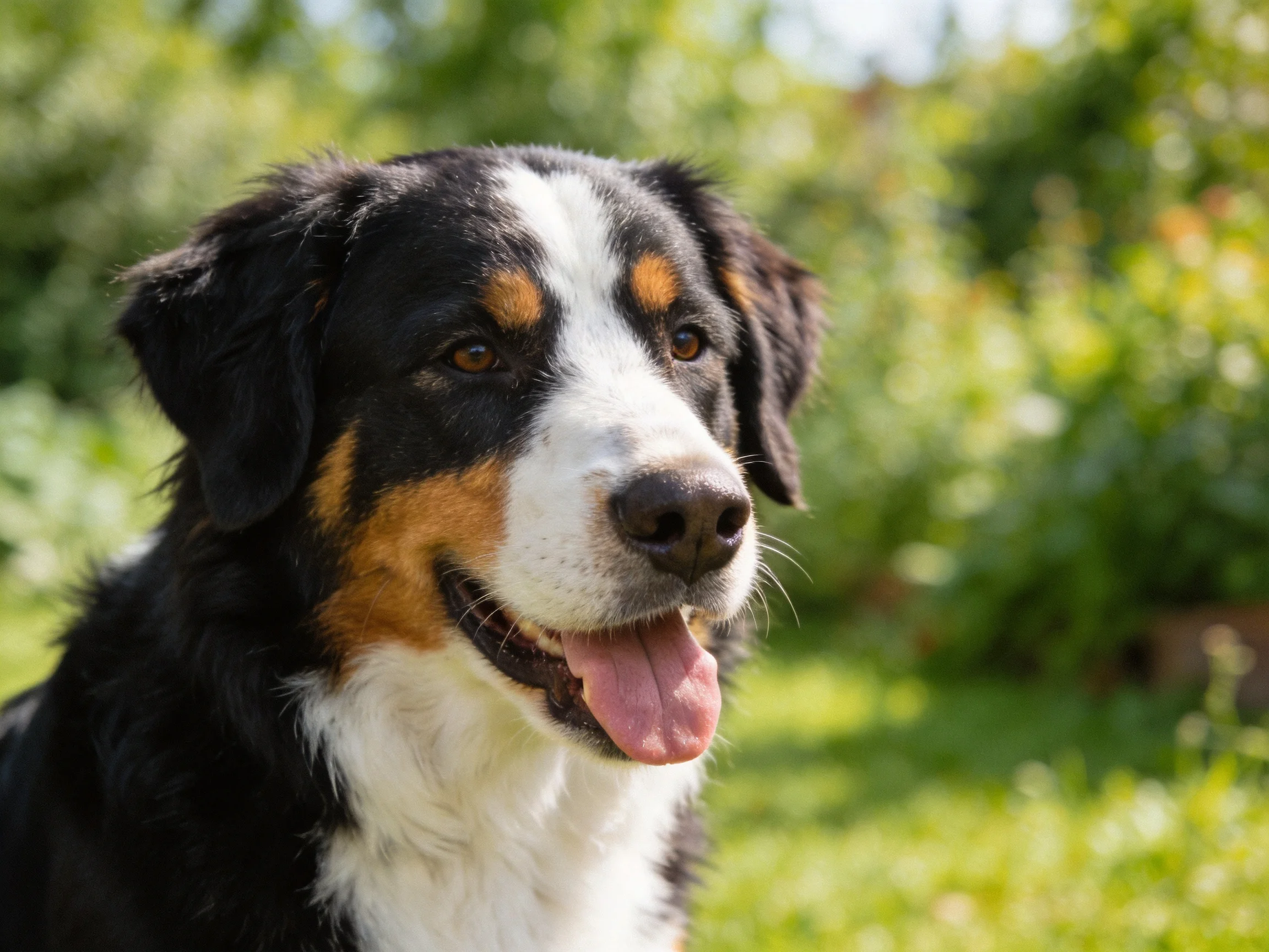 A cheerful Bernese Mountain Dog with black, white, and tan fur relaxes in a sunlit garden.