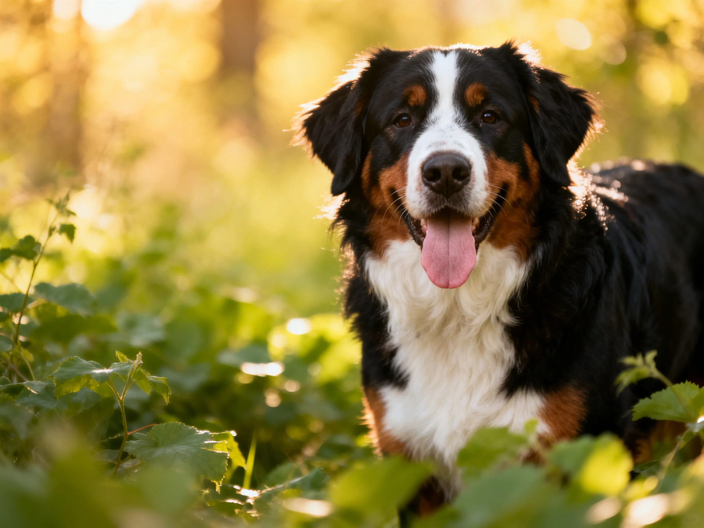 A tri-colored Bernese Mountain Dog is in a sunlit, leafy outdoor area.