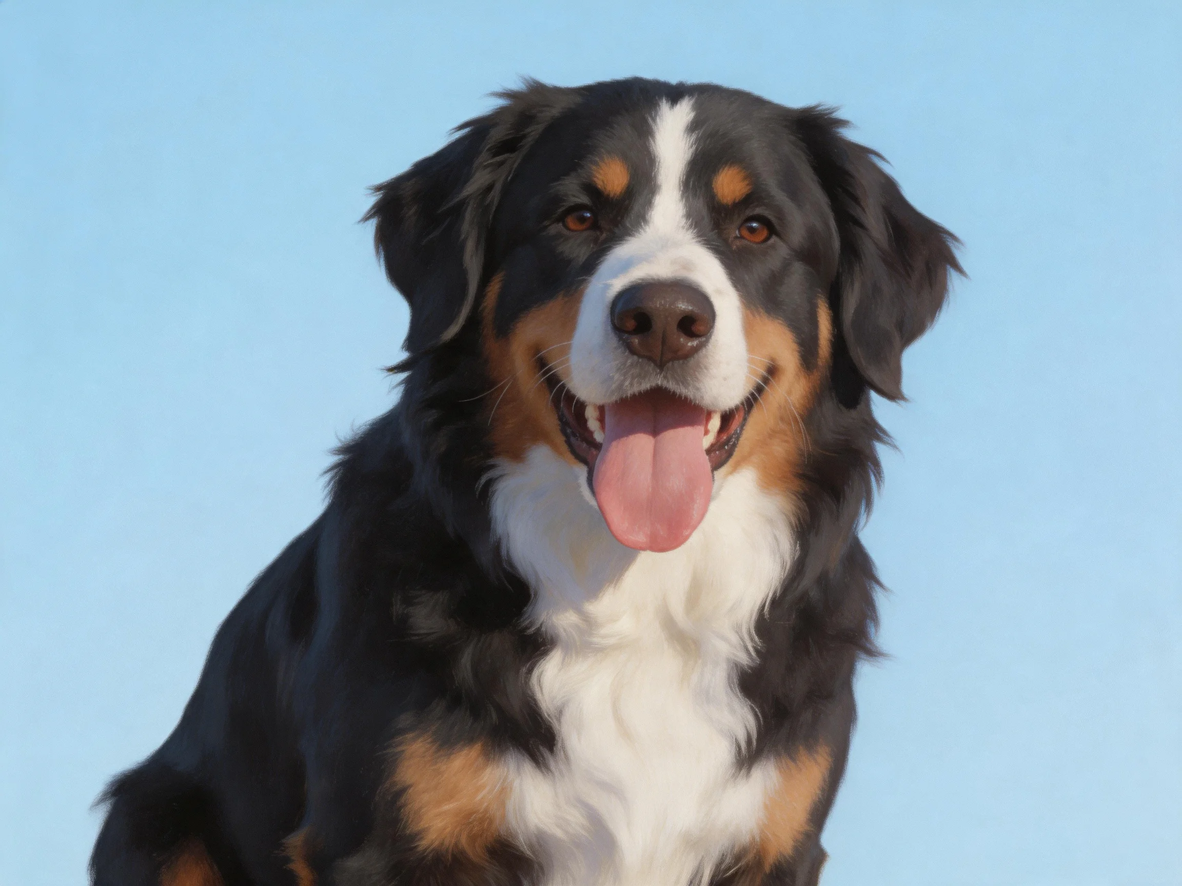 A Bernese Mountain Dog with tri-colored fur set against a clear blue sky
