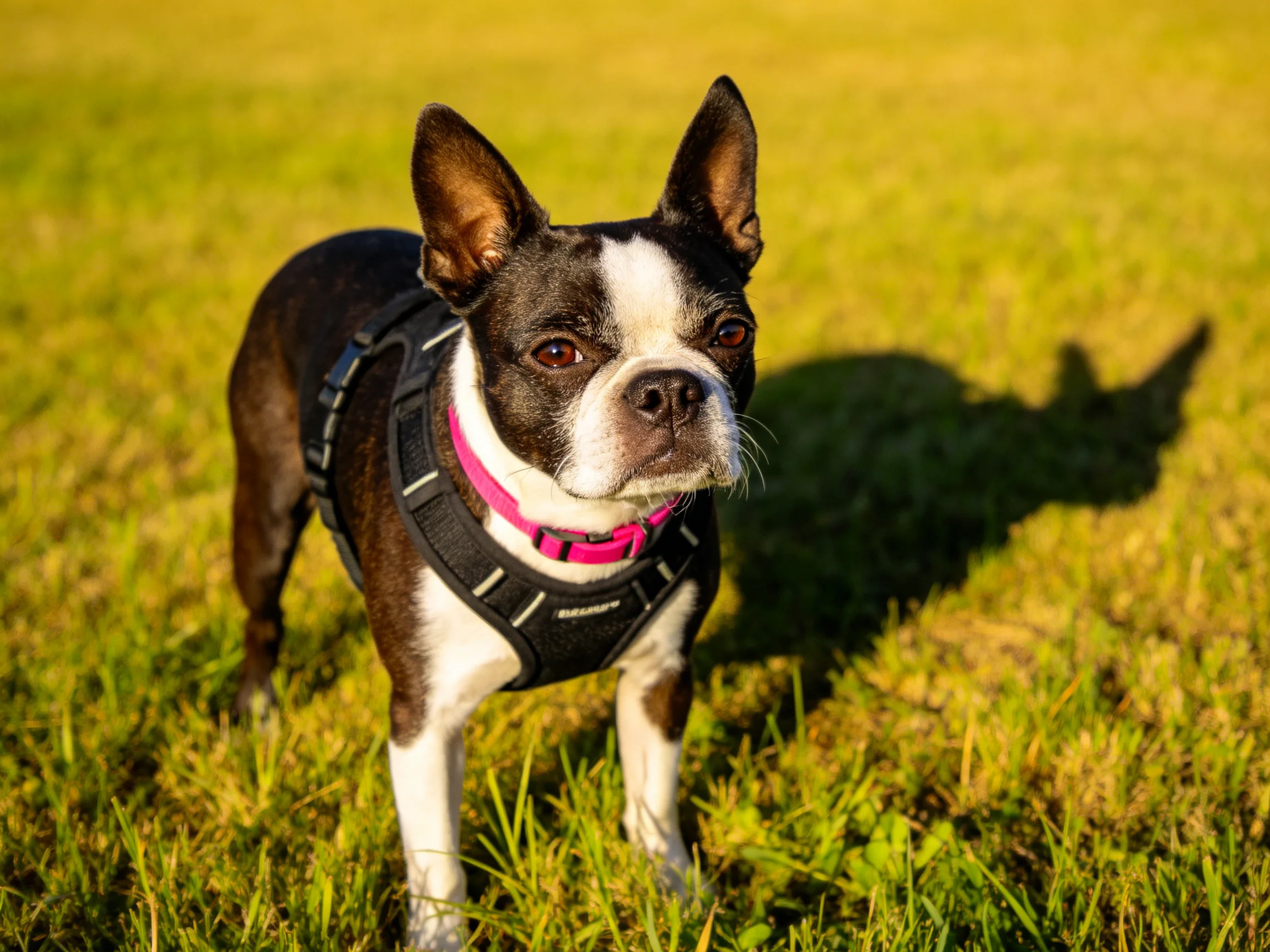 A Boston Terrier in a black harness on green grass