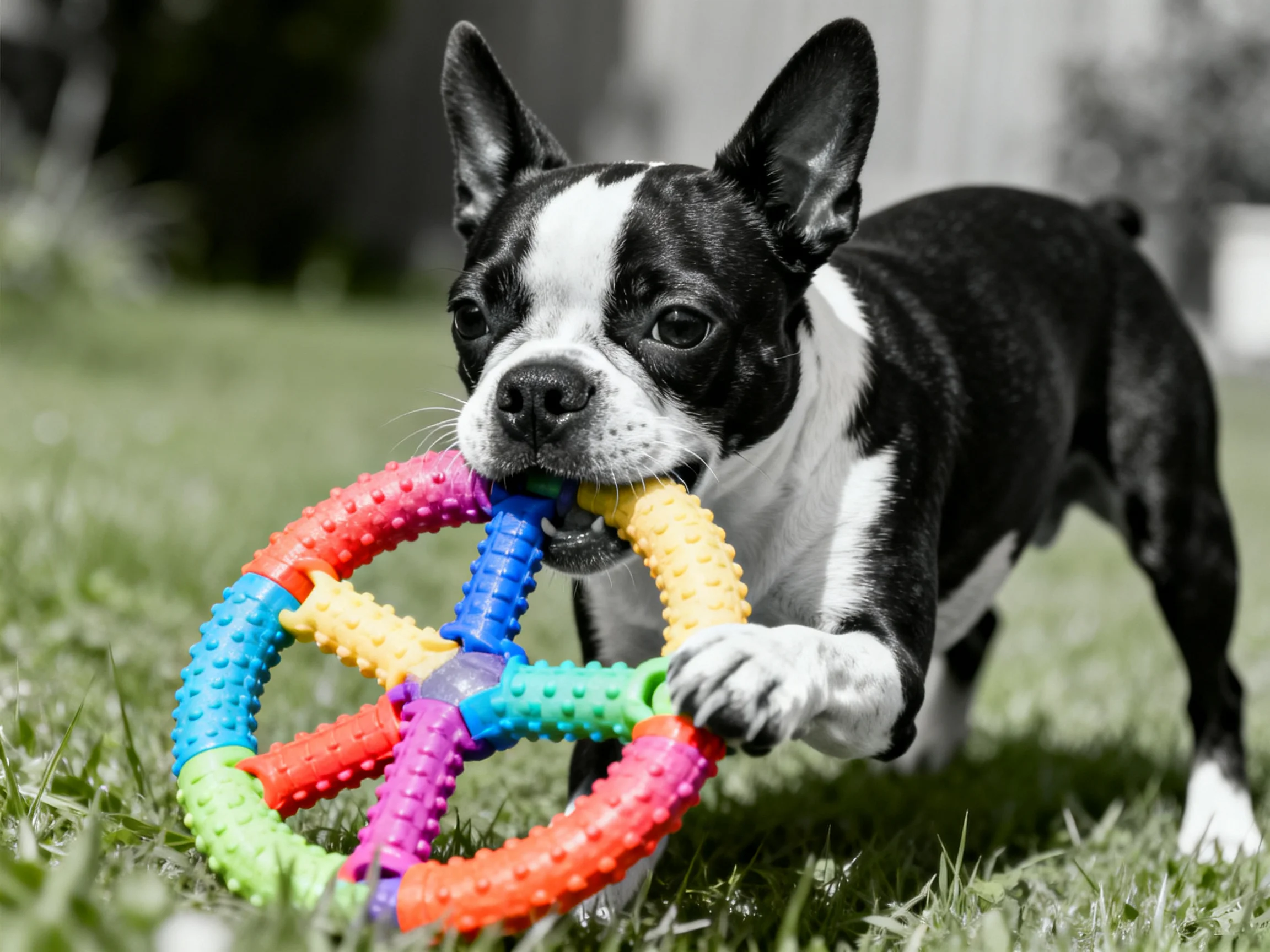 A Boston Terrier playing with a vibrant, multi-colored rubber toy on grass