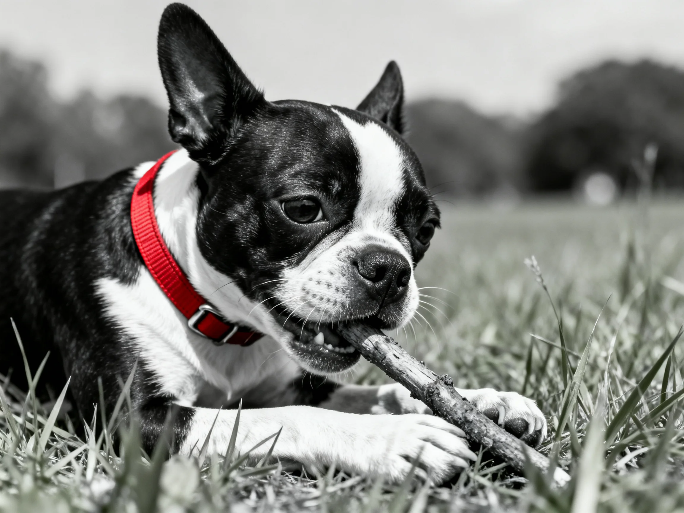 A Boston Terrierwith a red collar chews a stick in grass