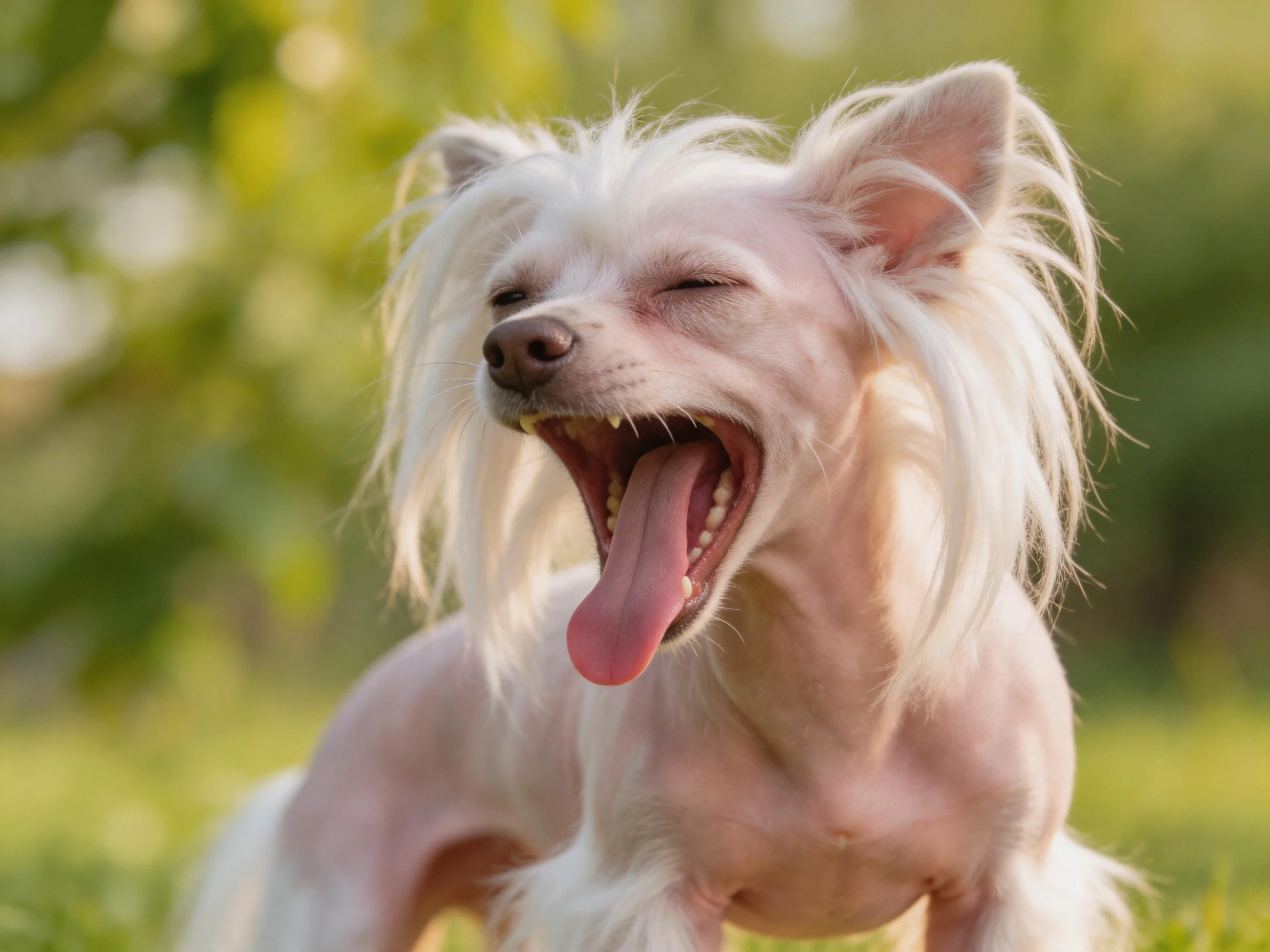A Chinese Crested Dog Yawns with Flowing White Fur Among Greenery