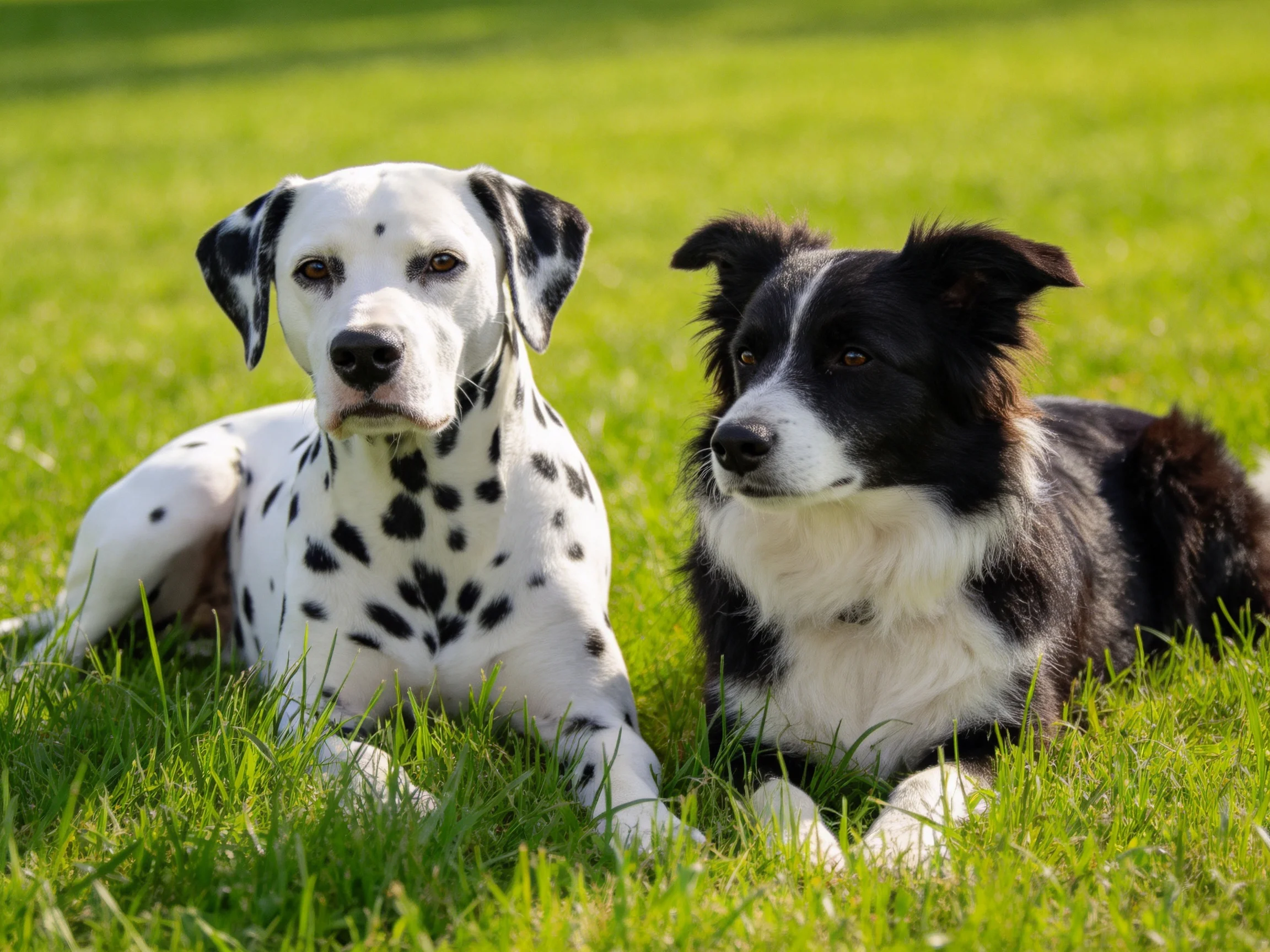 A Dalmatian and Border Collie rest on lush green grass