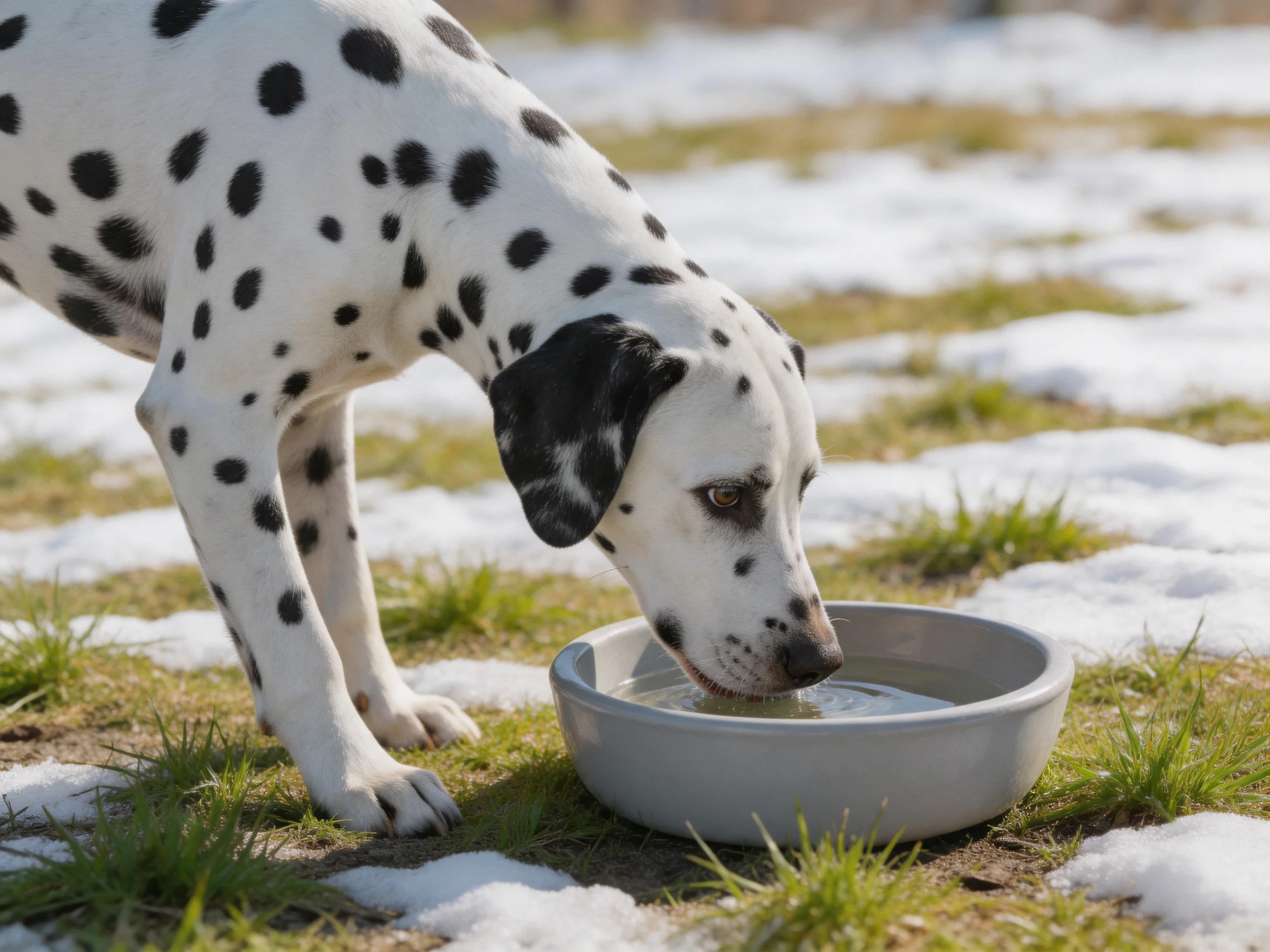 A Dalmatian drinks water from an outdoor bowl amid snowy patches.