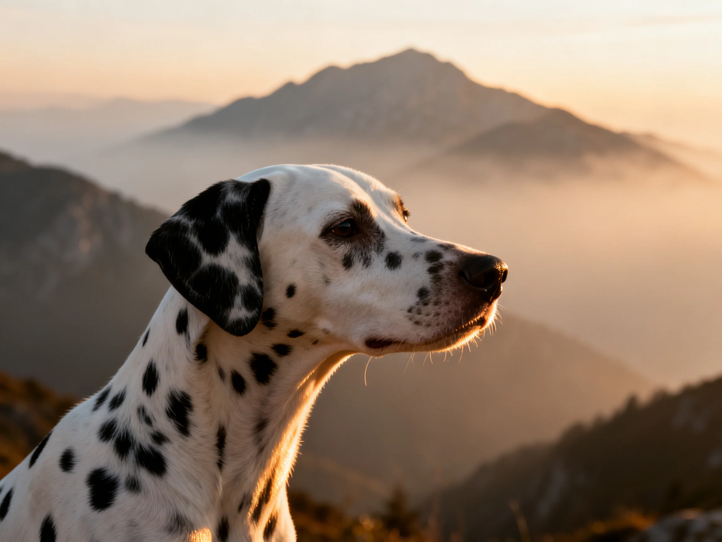 A Dalmatian dog overlooks misty mountain ranges at dawn.
