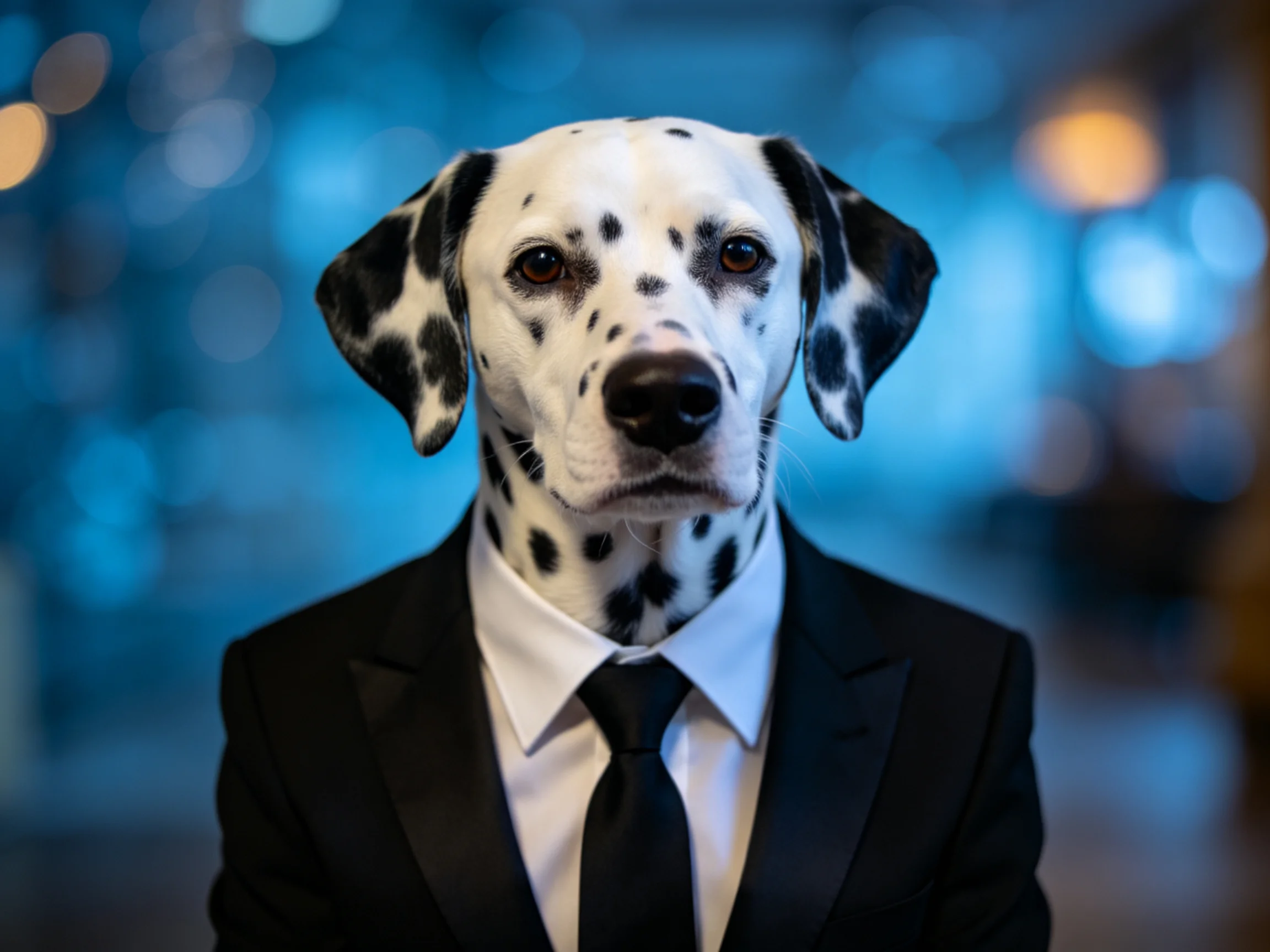 A Dalmatian dog in a formal black suit