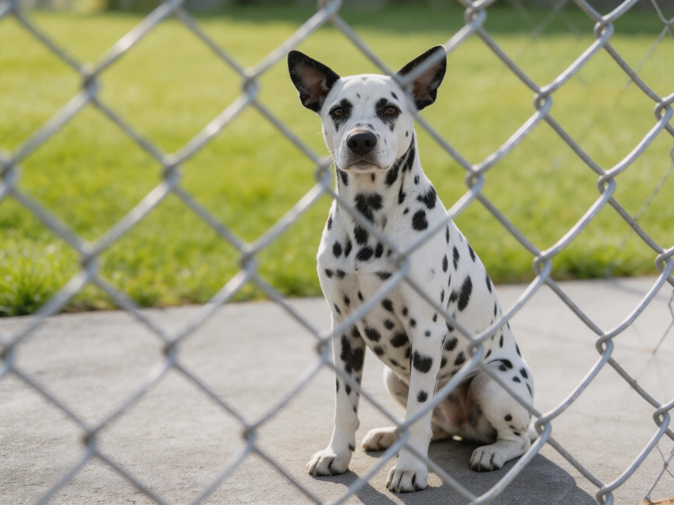 A Dalmatian dog sits behind a silver chain-link fence outdoors