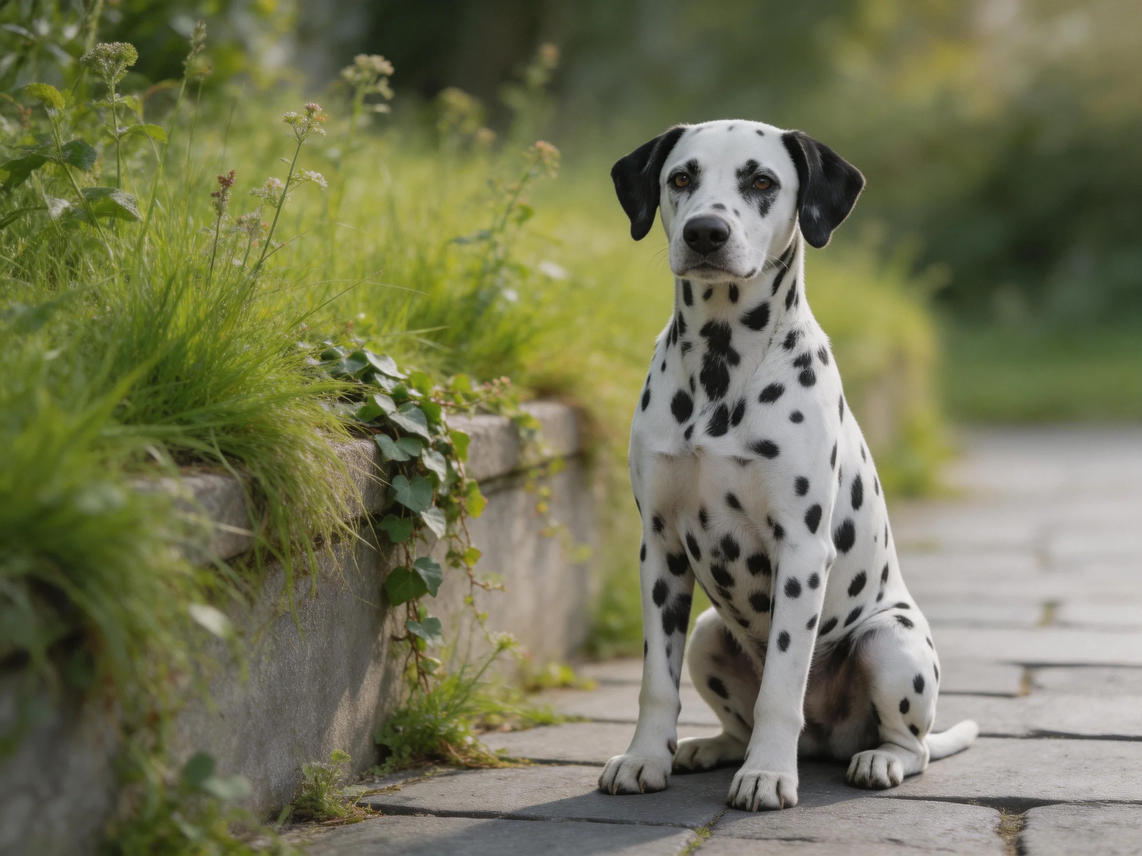 A Dalmatian dog sits calmly on a stone path beside lush greenery