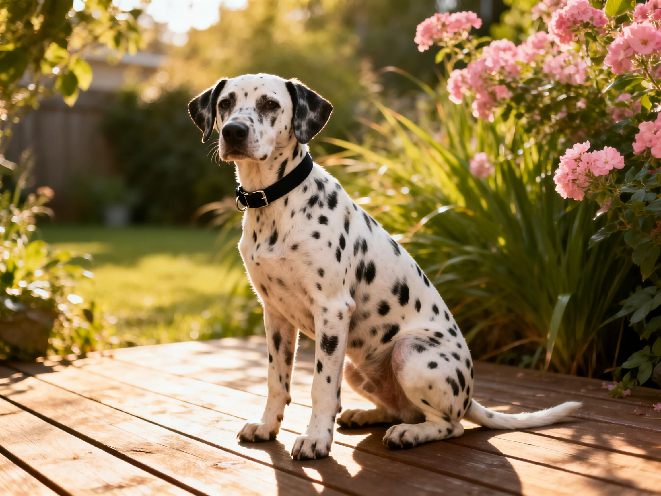 A Dalmatian dog sits on a wooden deck near pink flowering shrubs
