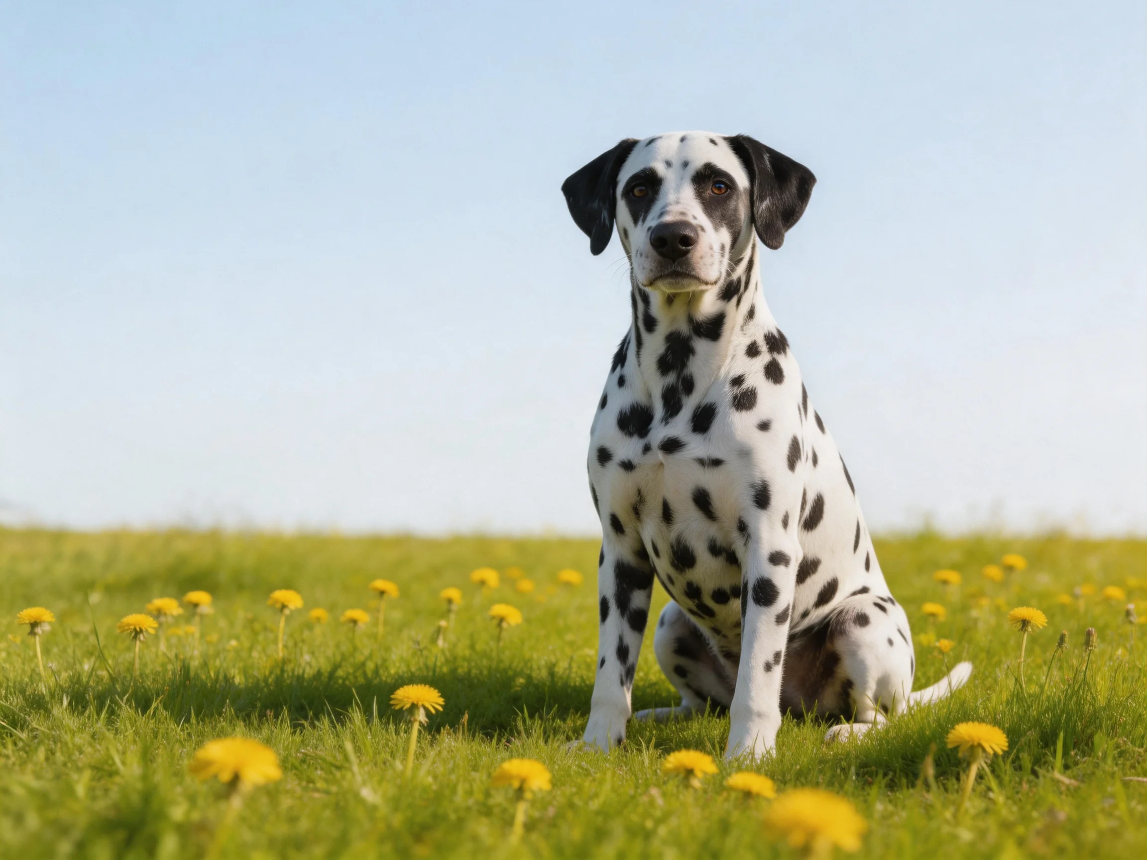 A Dalmatian dog sitting among yellow flowers in a green meadow