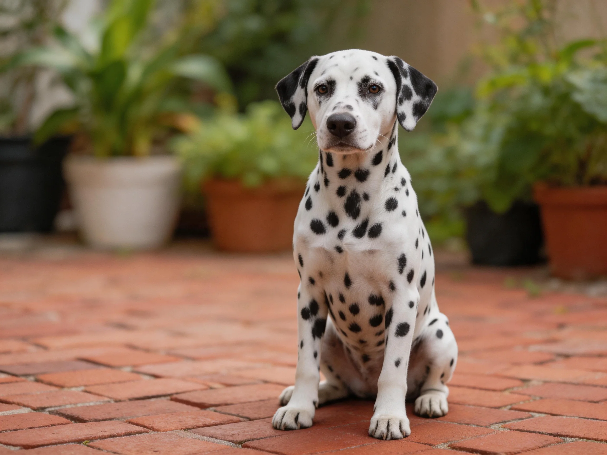 A Dalmatian dog sitting on a red brick patio near potted plants