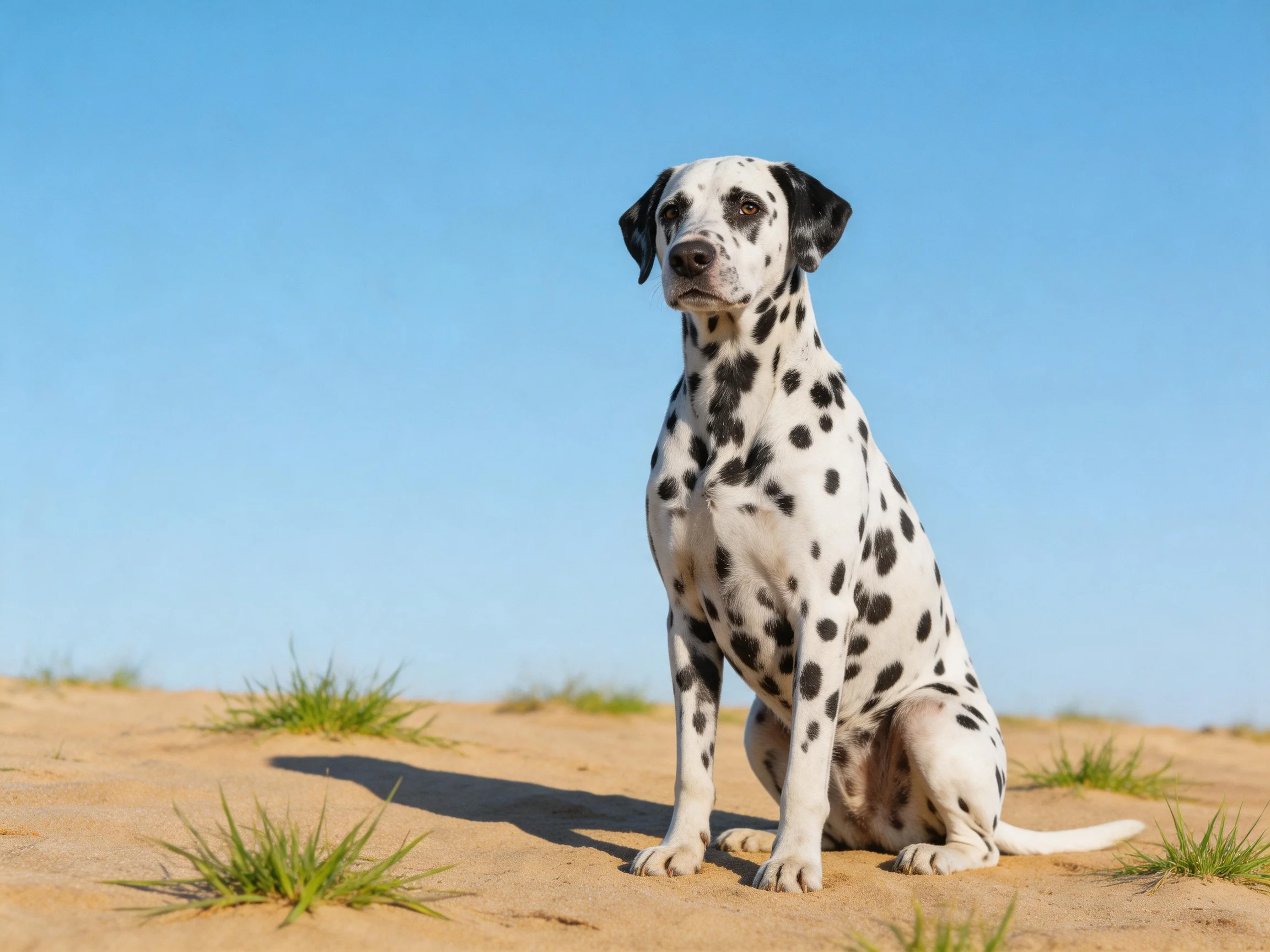 A Dalmatian dog sitting on sandy terrain with clear blue sky