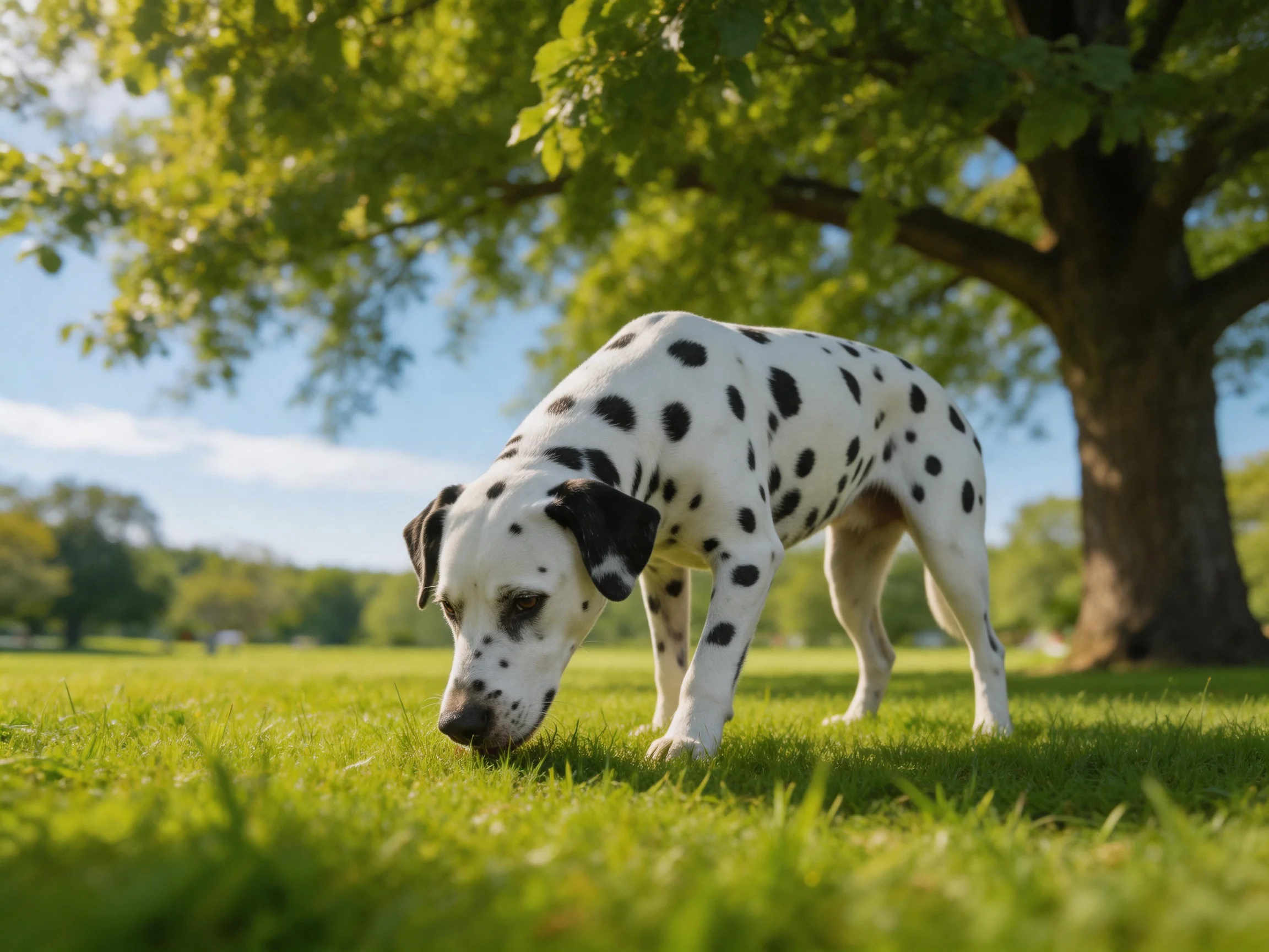 A Dalmatian dog sniffs grass near a large tree under sunny skies