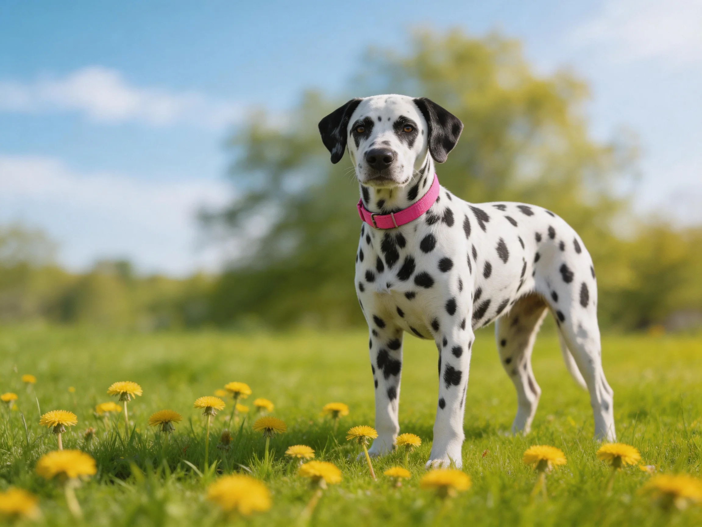 A Dalmatian dog with a pink collar stands amid yellow flowers in a green field