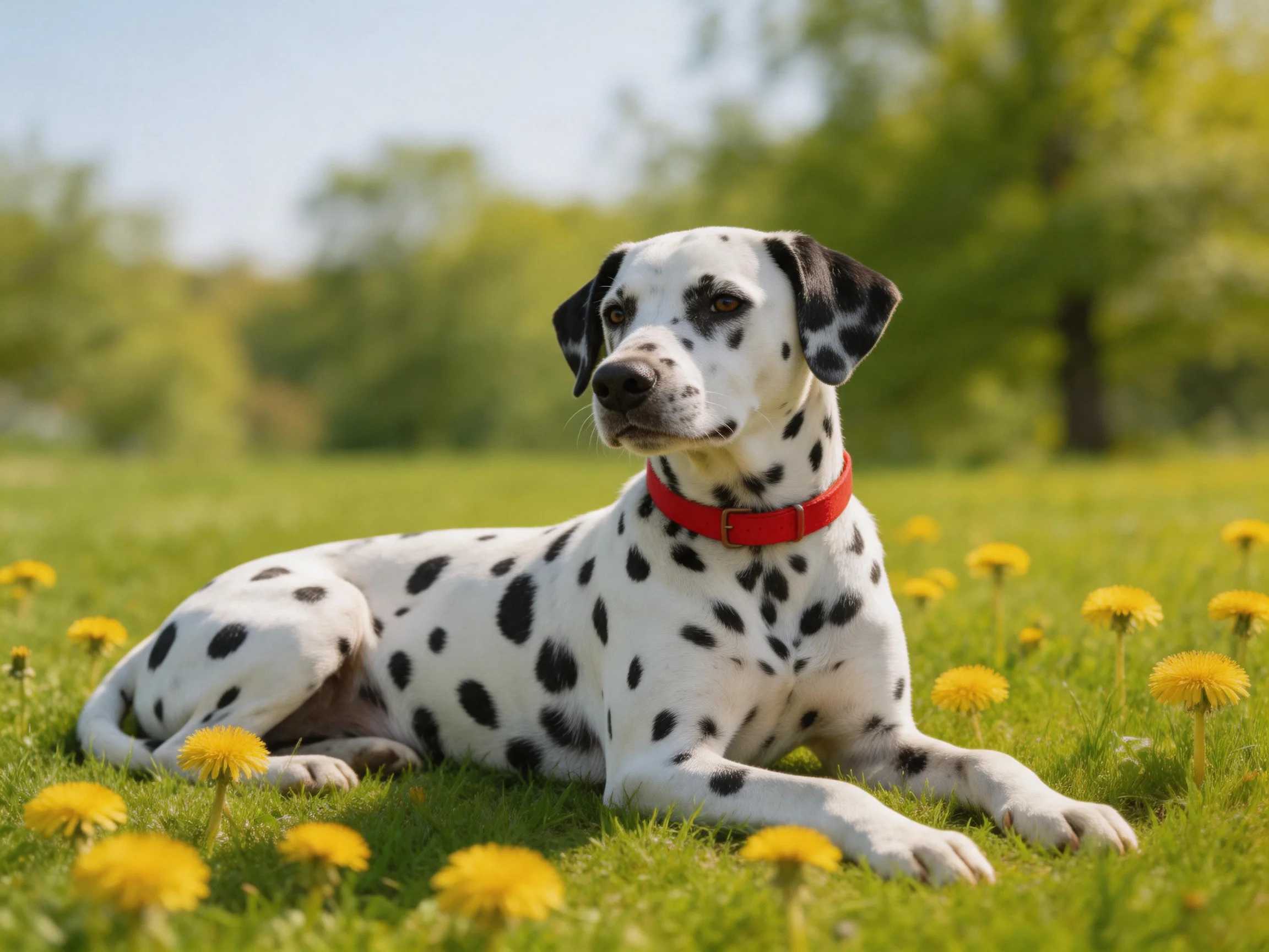 A Dalmatian dog with a red collar rests near yellow dandelions in a grassy meadow