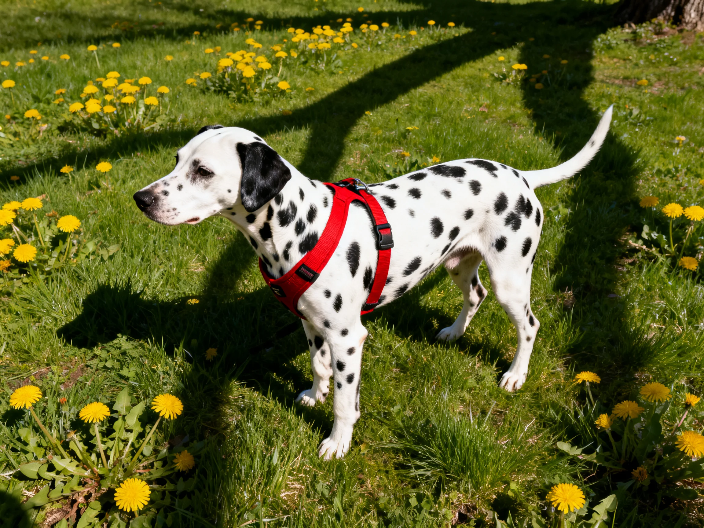 A Dalmatian dog with a red harness in a grassy field with yellow flowers