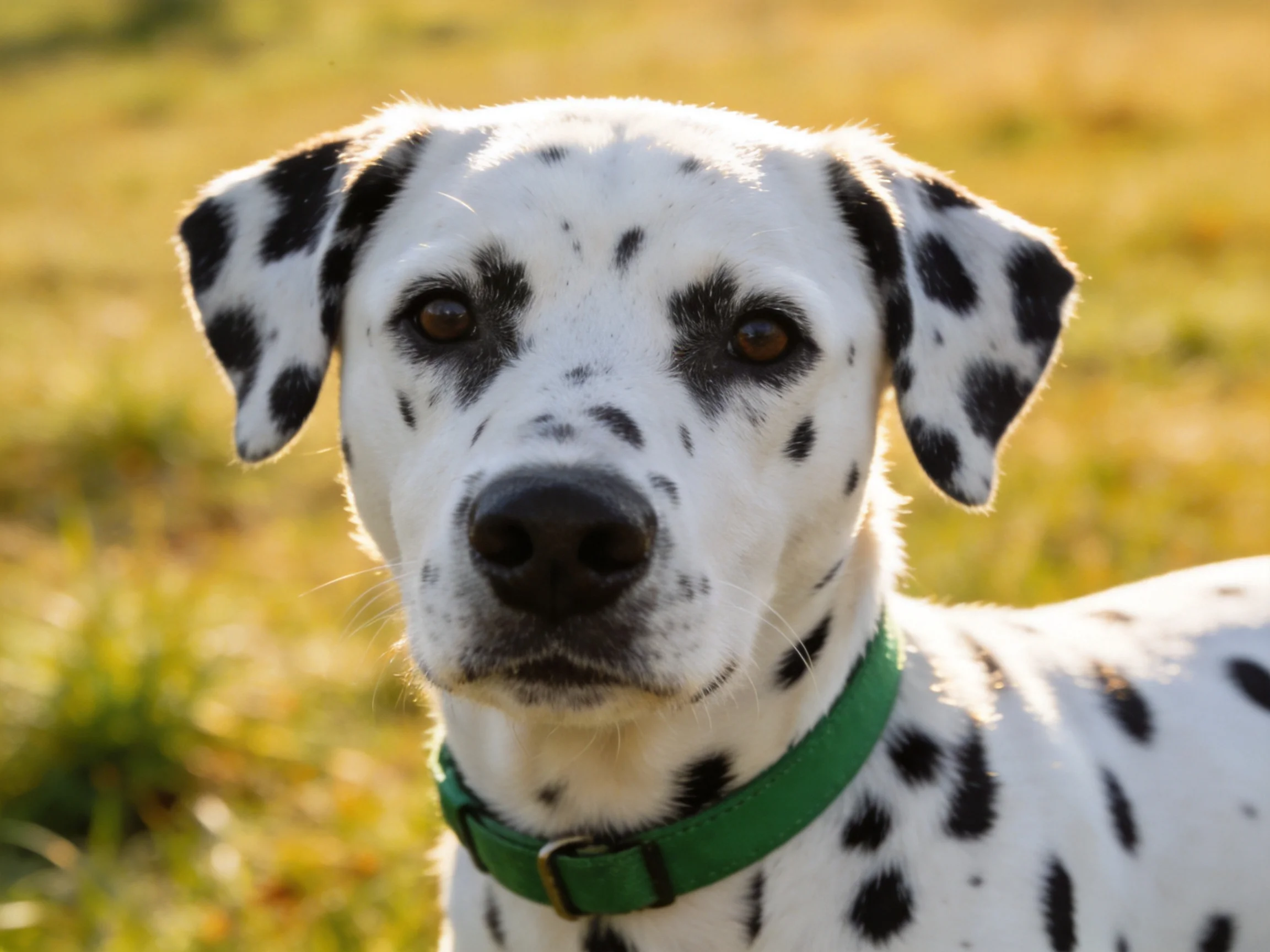 A Dalmatian dog with a green collar is shown in an outdoor grassy area.