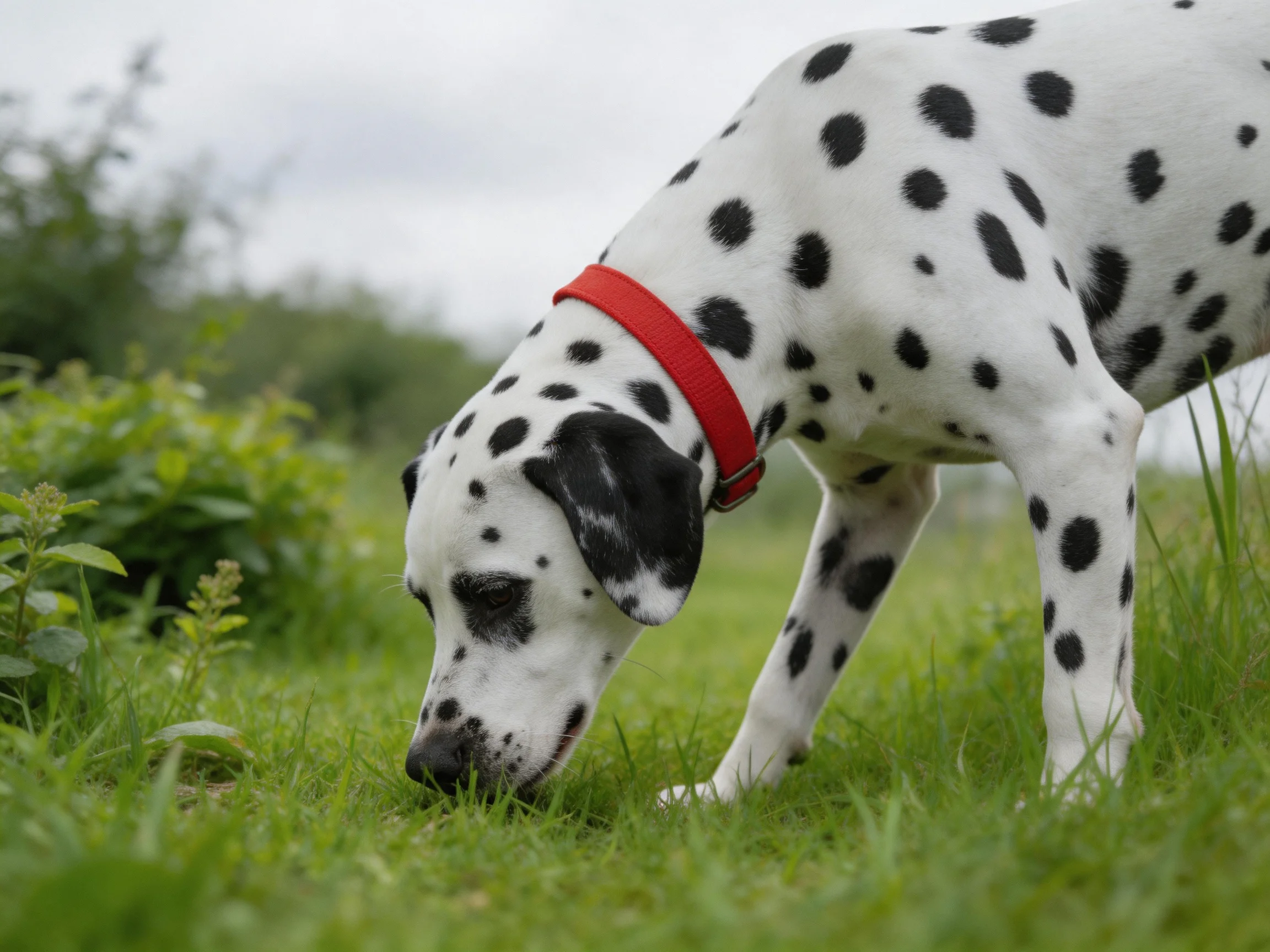 A Dalmatian dog with black spots and red collar sniffs green grass outdoors