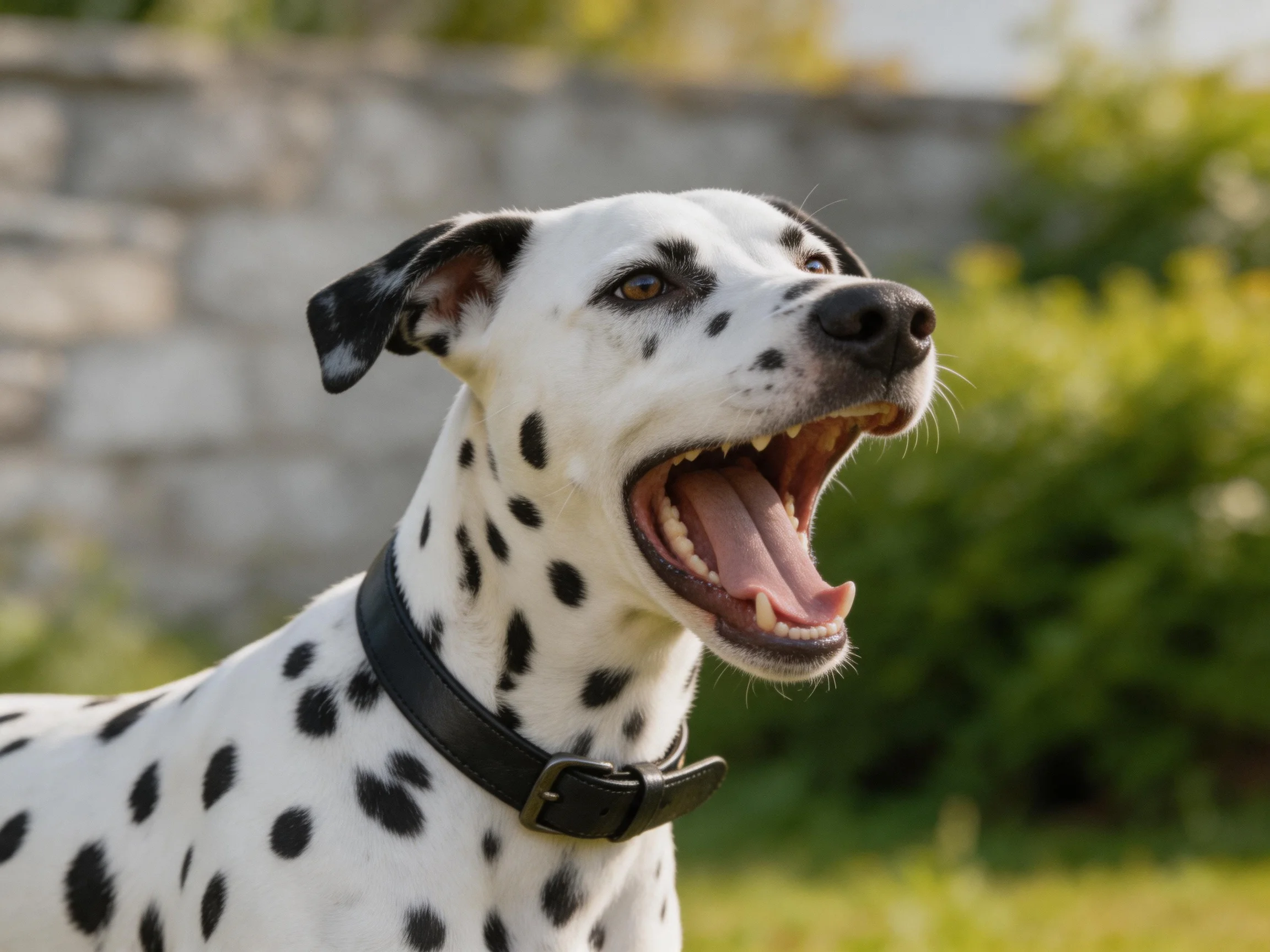 A Dalmatian dog with black spots barks near green bushes